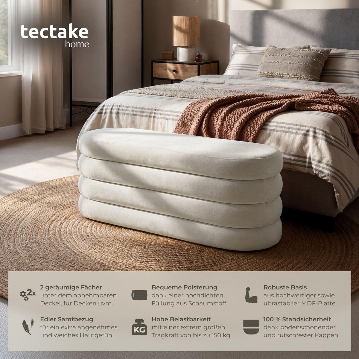 TRUHENBANK Altu,110 x 45 x 42 cm,Samtoptik creme-weiß - Weiß/Samtahornfarben, Holz (110/42/45cm) - tectake
