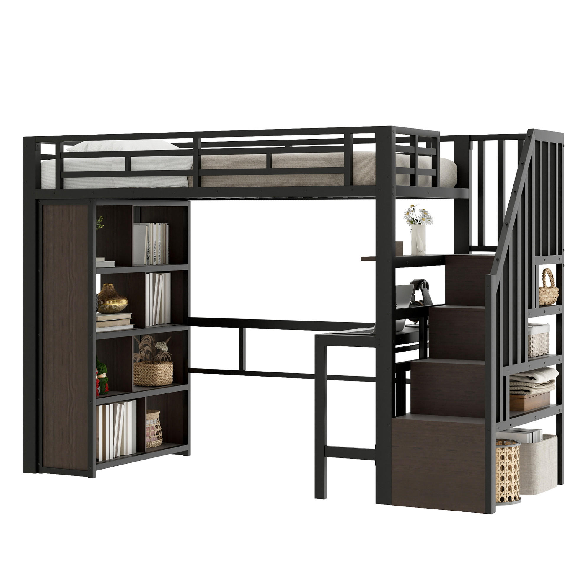 HOCHBETT 90/200 cm aus Metall mit Schreibtisch und LED-Beleuchtung - Schwarz, Metall (90/200cm) - Flora Grace