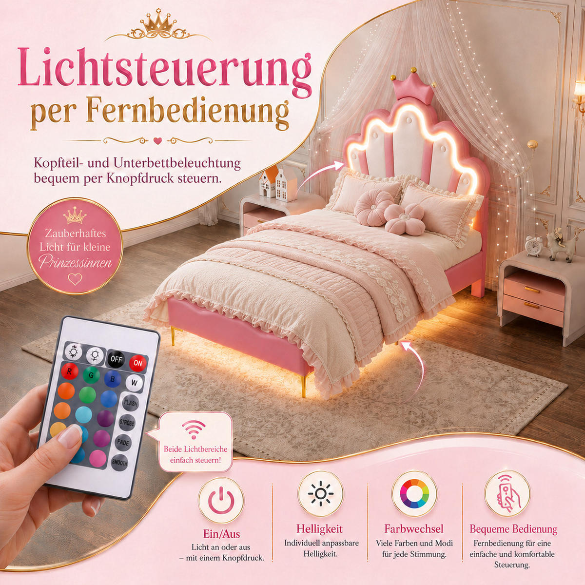 KINDERBETT 90/200 Rosa LED Polsterbett Prinzessin - Rosa, Metall (90/200cm) - Joyfair