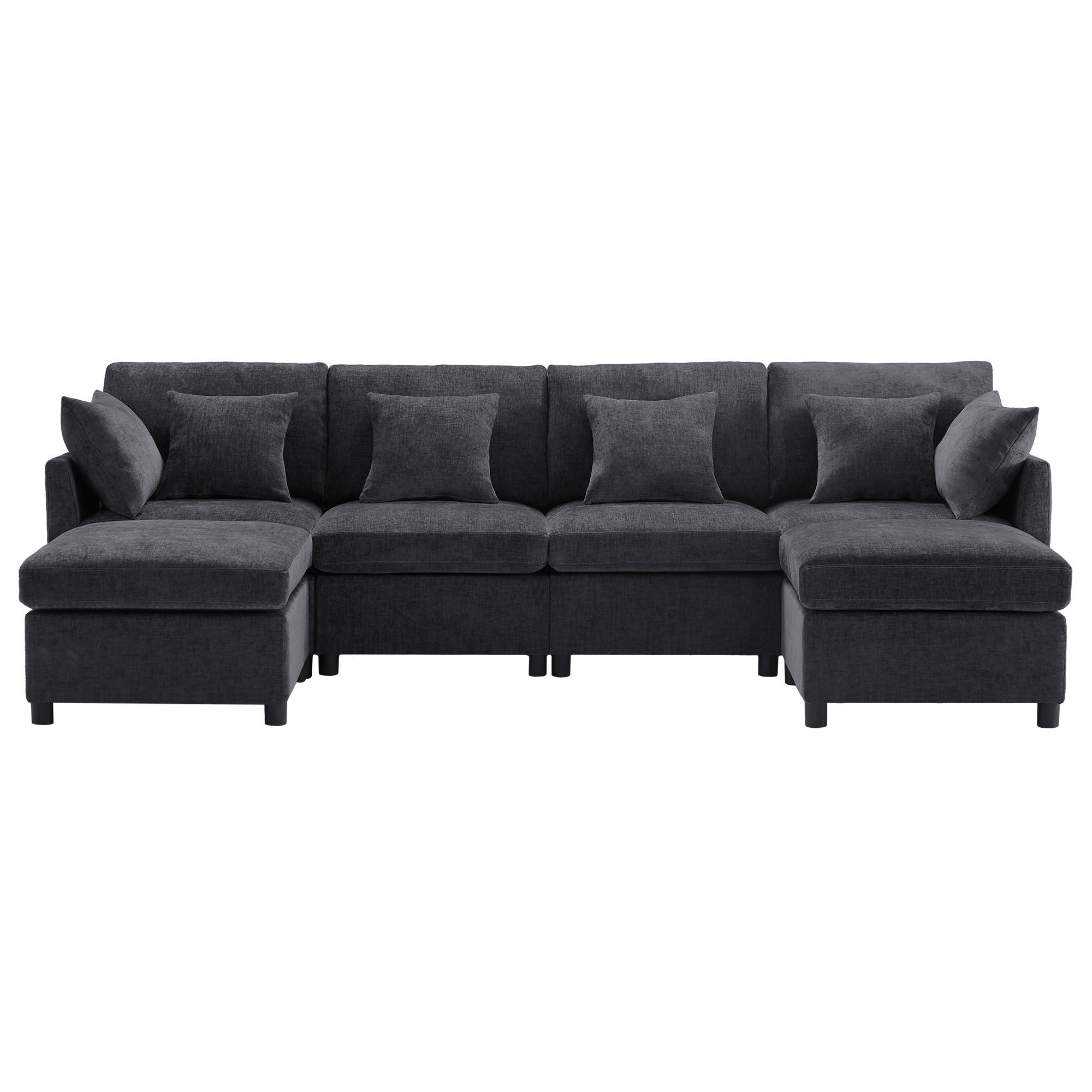 WOHNLANDSCHAFT Chenille Grau mit 2 Hocker und 6 Kissen - Grau, Holzwerkstoff/Kunststoff (278/81/161cm) - WISHDOR