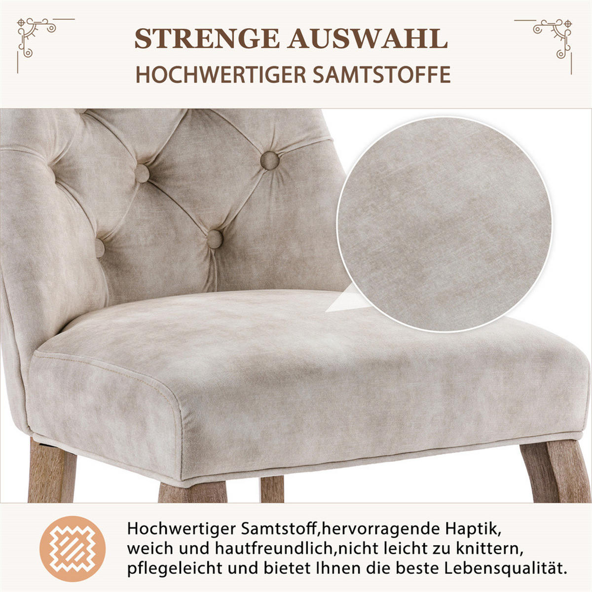 STUHL-SET 6 Stück in Hellbeige Samt - Beige, Holz/Fell (47/97/51cm) - KOMHTOM