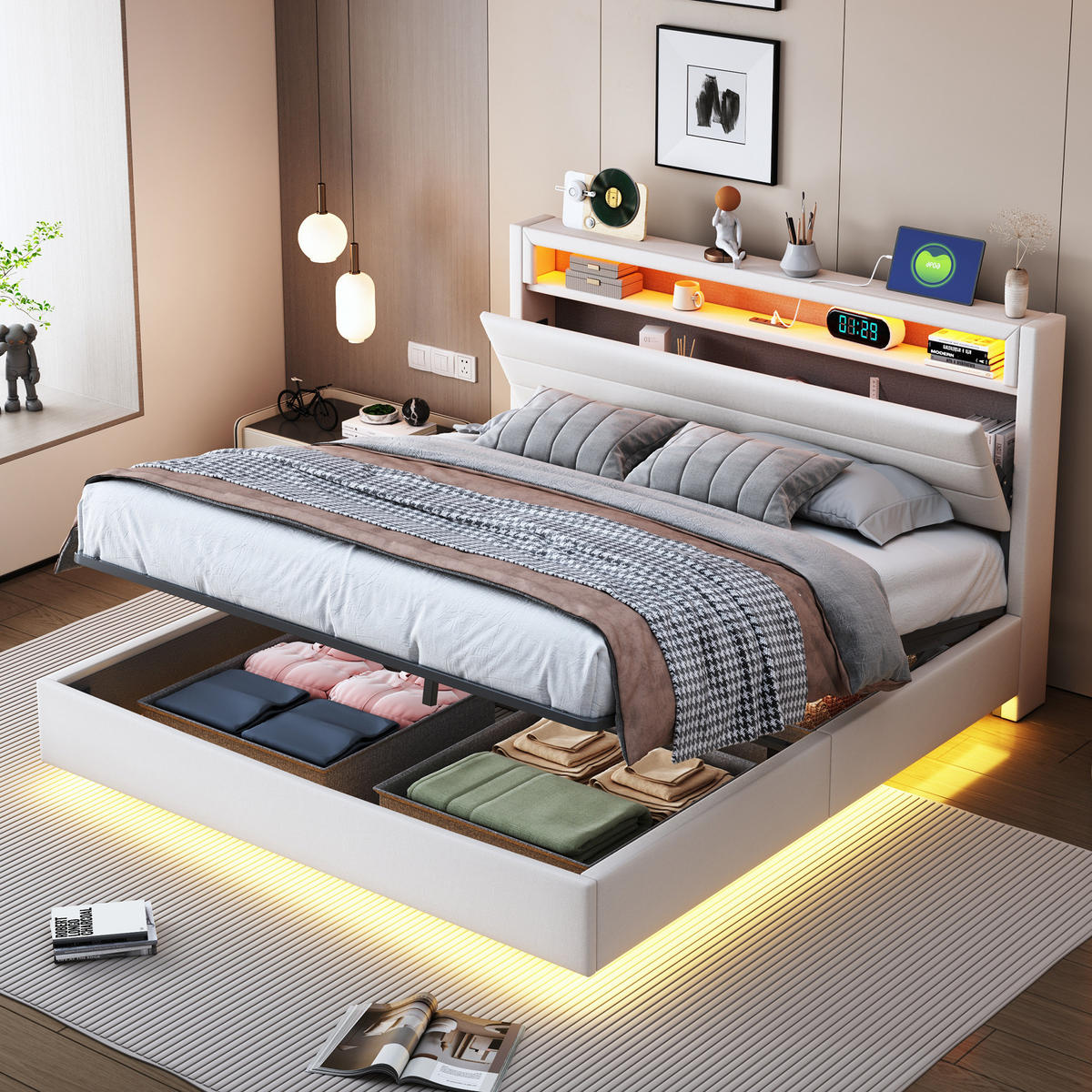 ČALOUNĚNÁ postel 140/200 cm z látky a kovu, béžová, s USB, LED a úložným prostorem - béžová, textil (140/200cm) - BEAOK