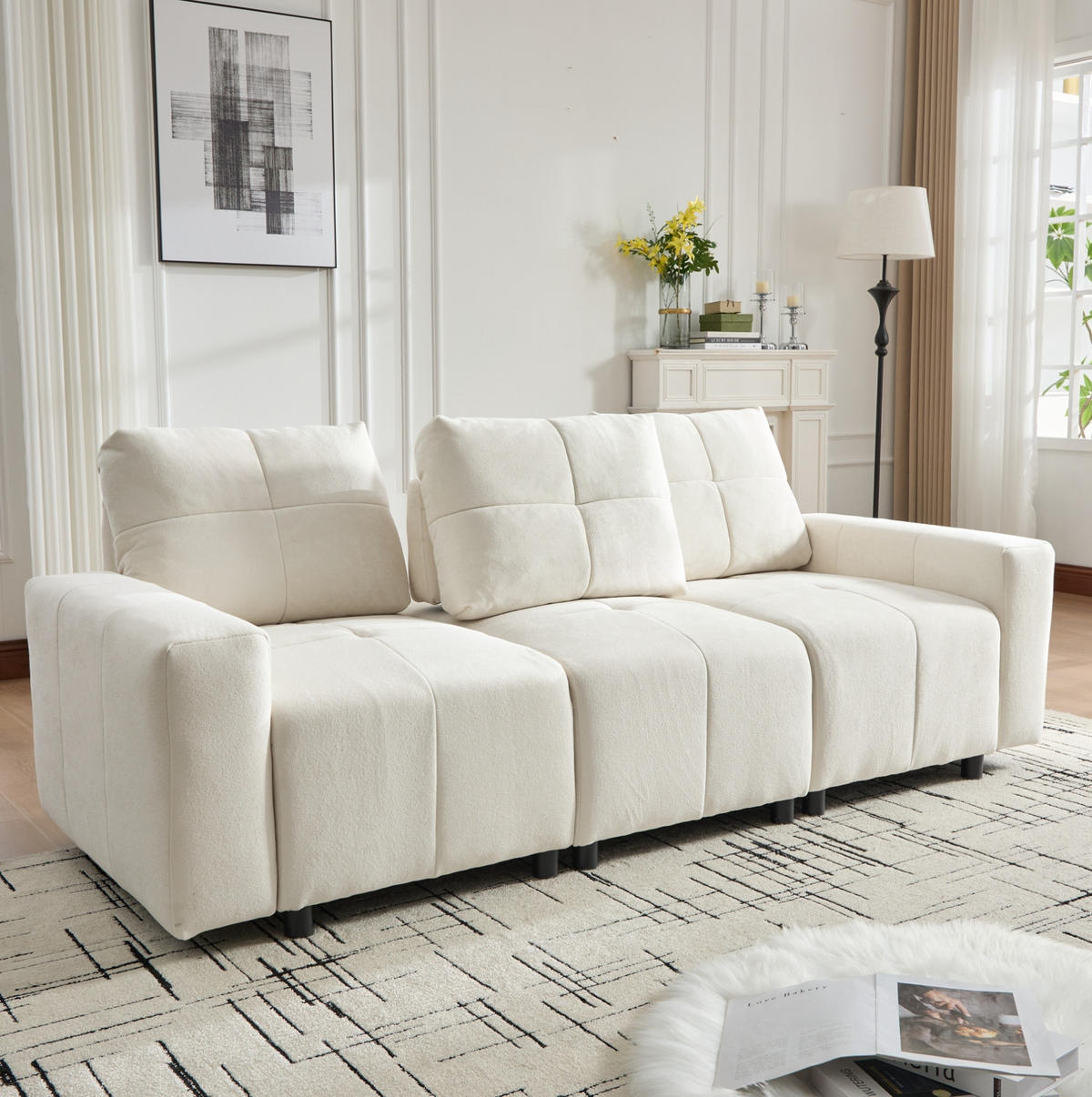 SOFA mit Schlaffunktion 213 cm Chenille Beige White 3-Sitzer - Beige, Kunststoff (213/84/94cm) - Meubliv