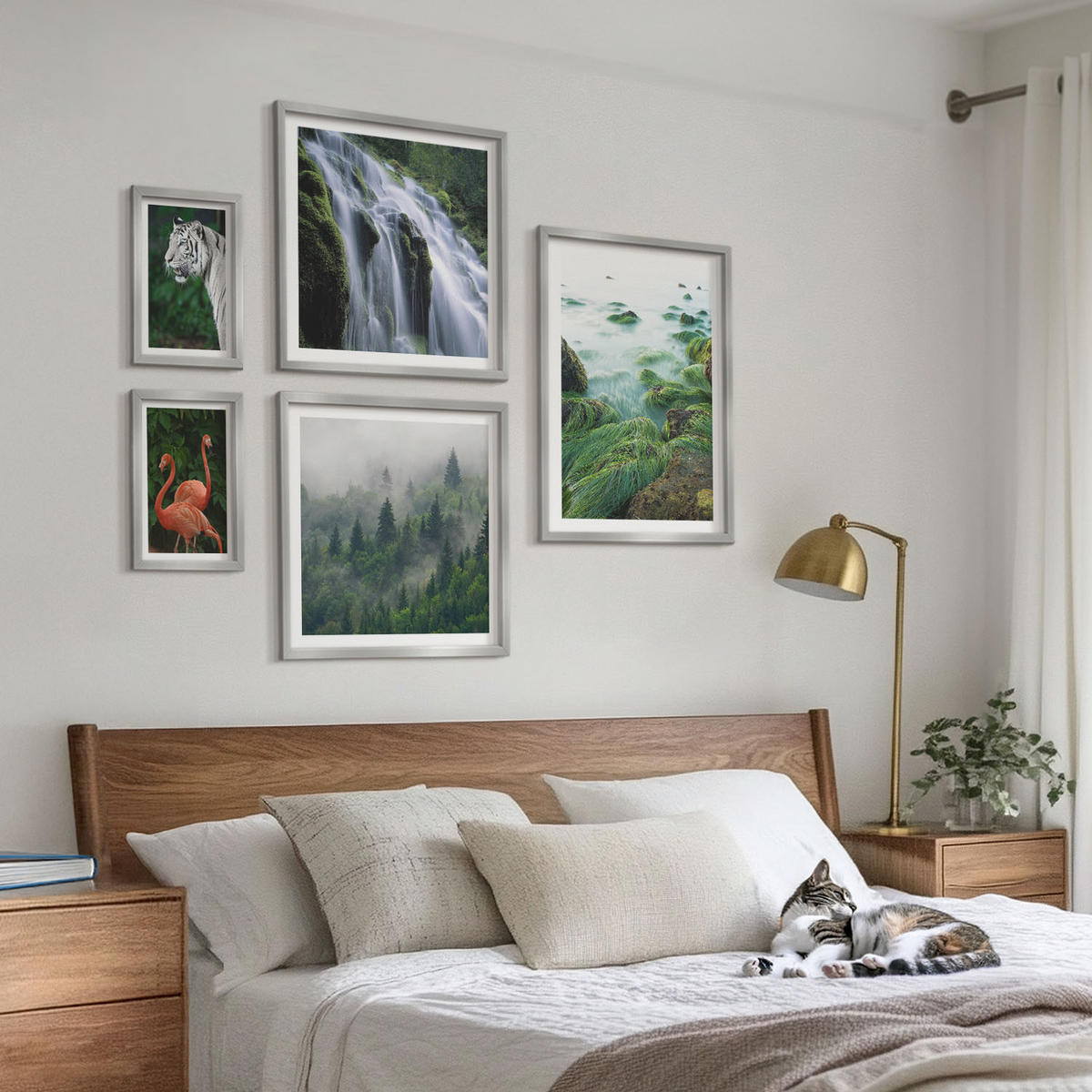 WANDBILDER 5er Set - 50x50 cm & 20x30 cm & 40x60 cm Silberner Rahmen - Tiger Wasserfall Flamingos Natur - Silberfarben, Kunststoff (40/60cm) - ArtPrintCave