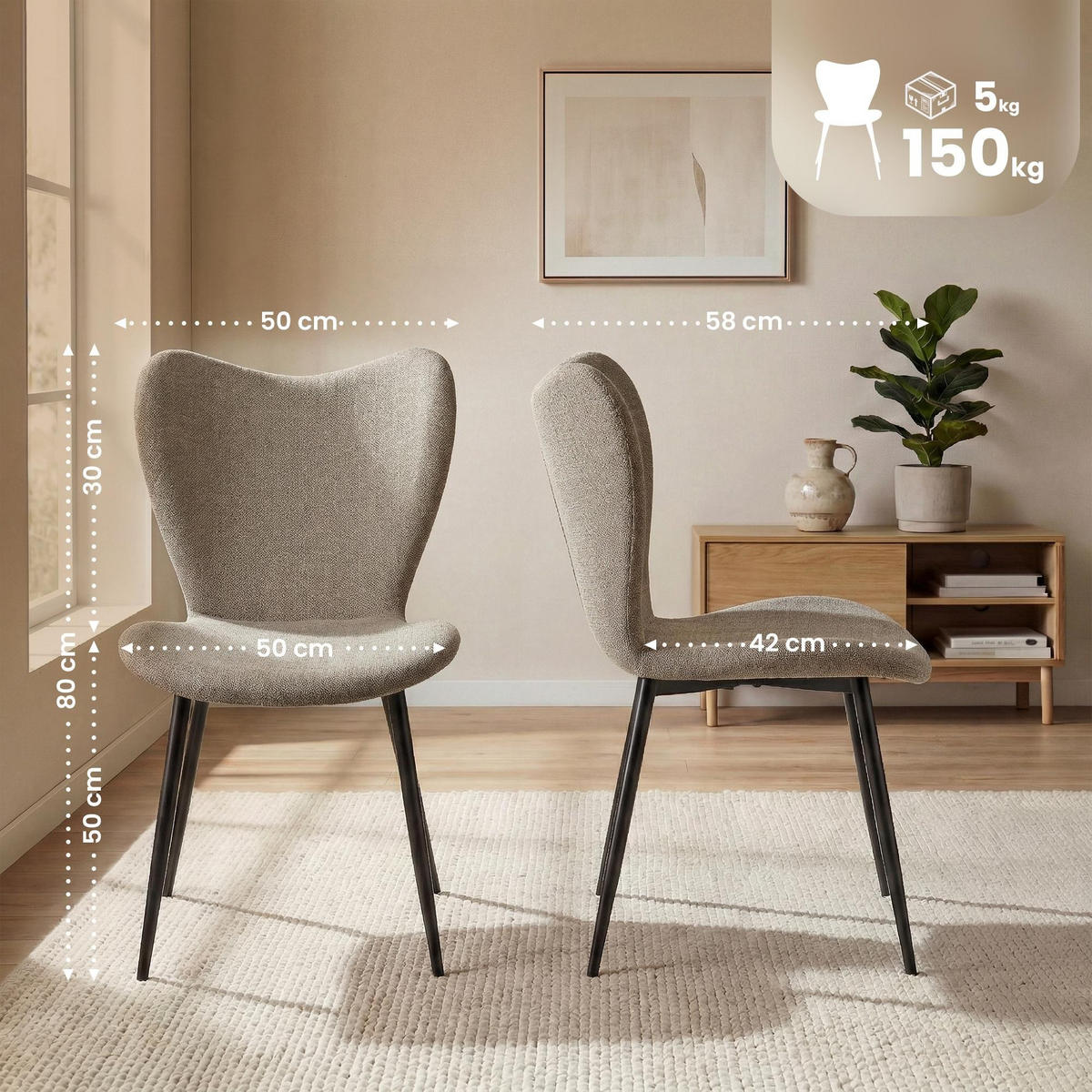 ESSZIMMERSTÜHLE Maika 2er Set 80x50x58 cm taupe - Taupe, Textil (50/80/58cm) - furnicato