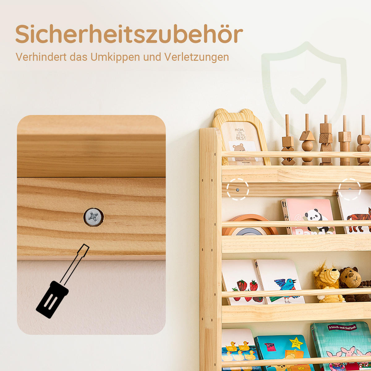 BÜCHERREGAL für Kinder mit 4 Ablagen, Kiefer - Naturfarben, Holz (60/80/12cm) - SoBuy