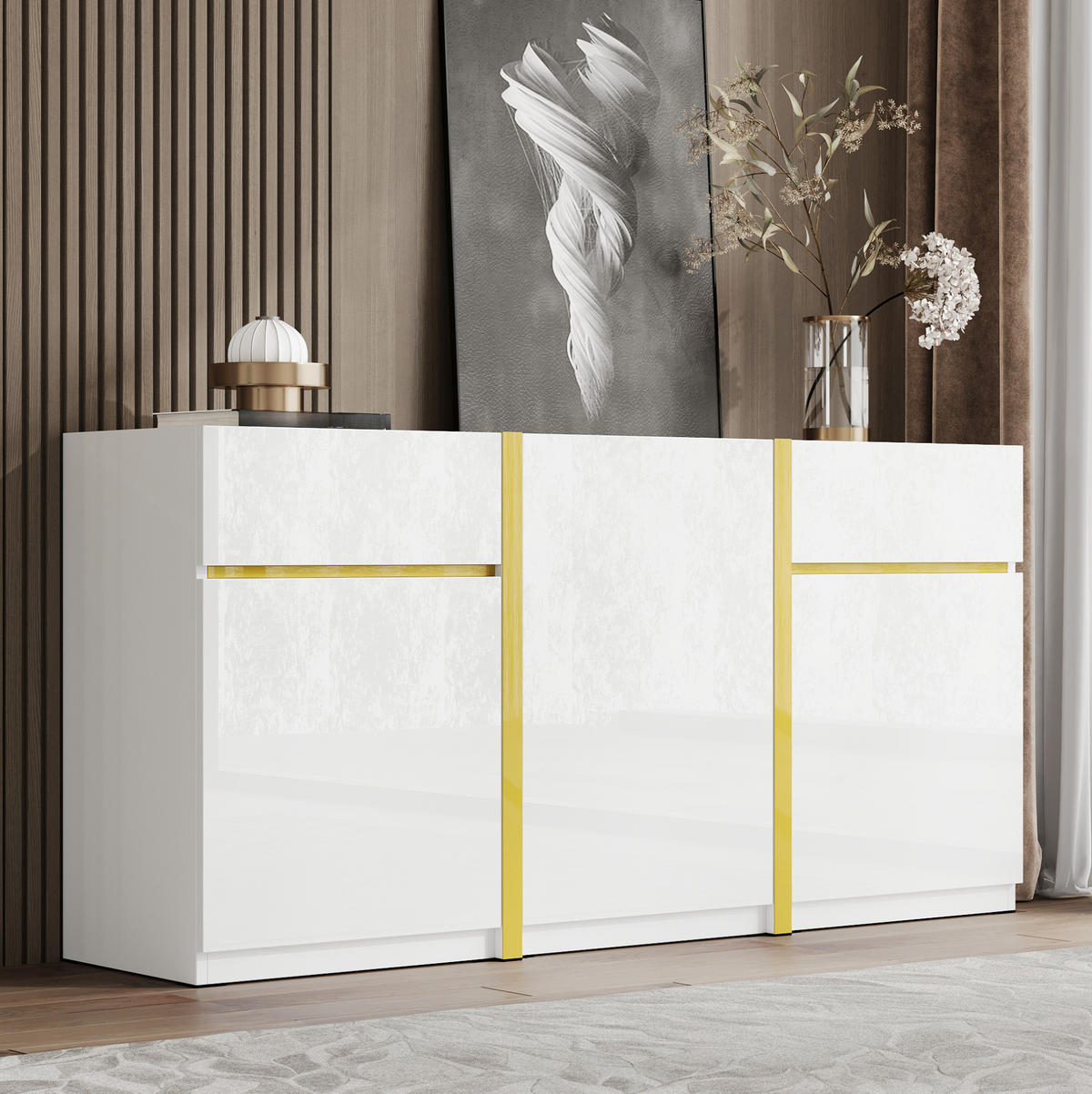 KOMMODE aus MDF & Spanplatte 160x40x78cm in Weiß mit Hochglanz - Weiß, Holzwerkstoff (160/78/40cm) - Modfu