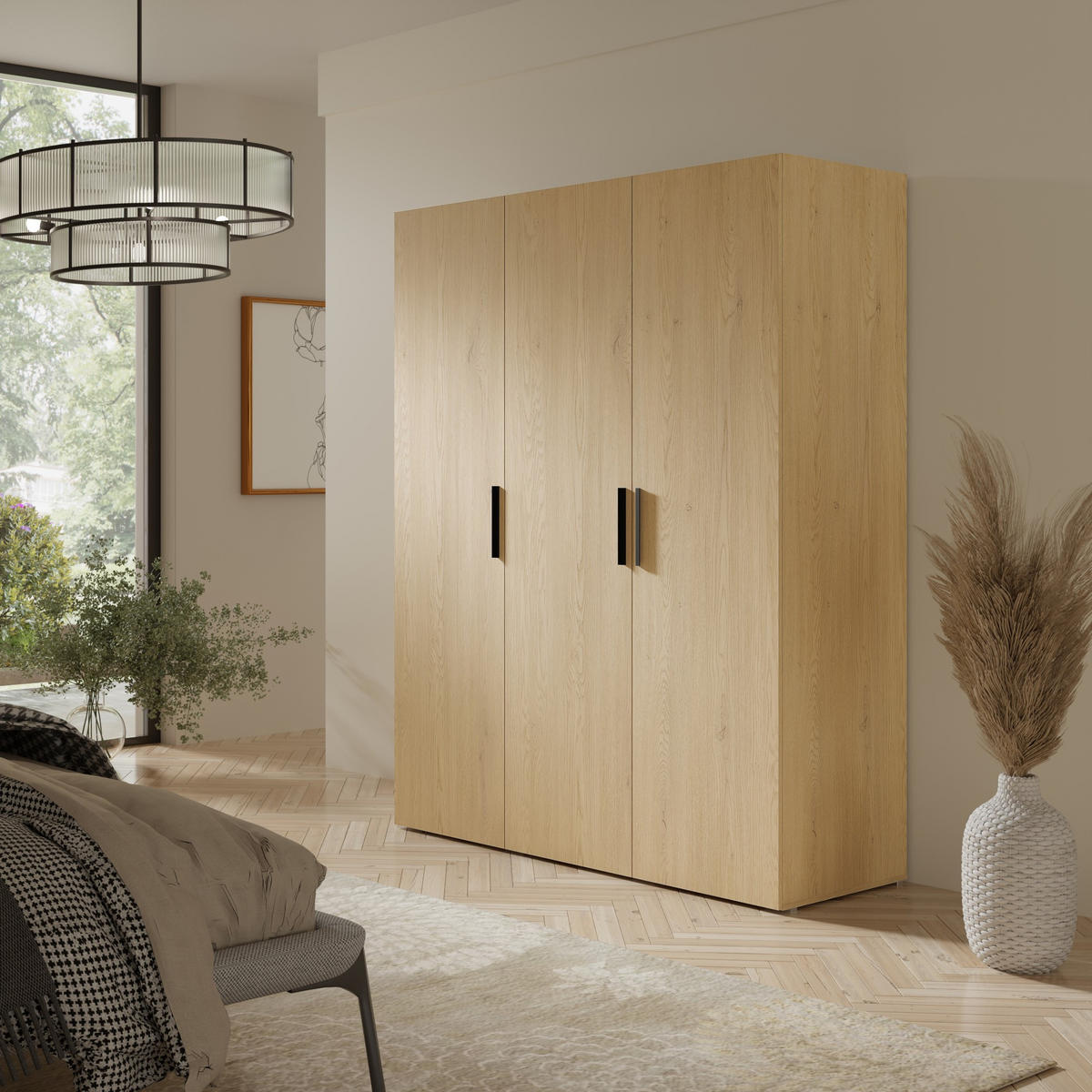 DREHTÜRENSCHRANK Napoli 3D 150 Eiche Cremona (schwarzer oder goldener Griff) - Eichefarben/Silberfarben, Holzwerkstoff/Kunststoff (150/35/60cm) - mzm24