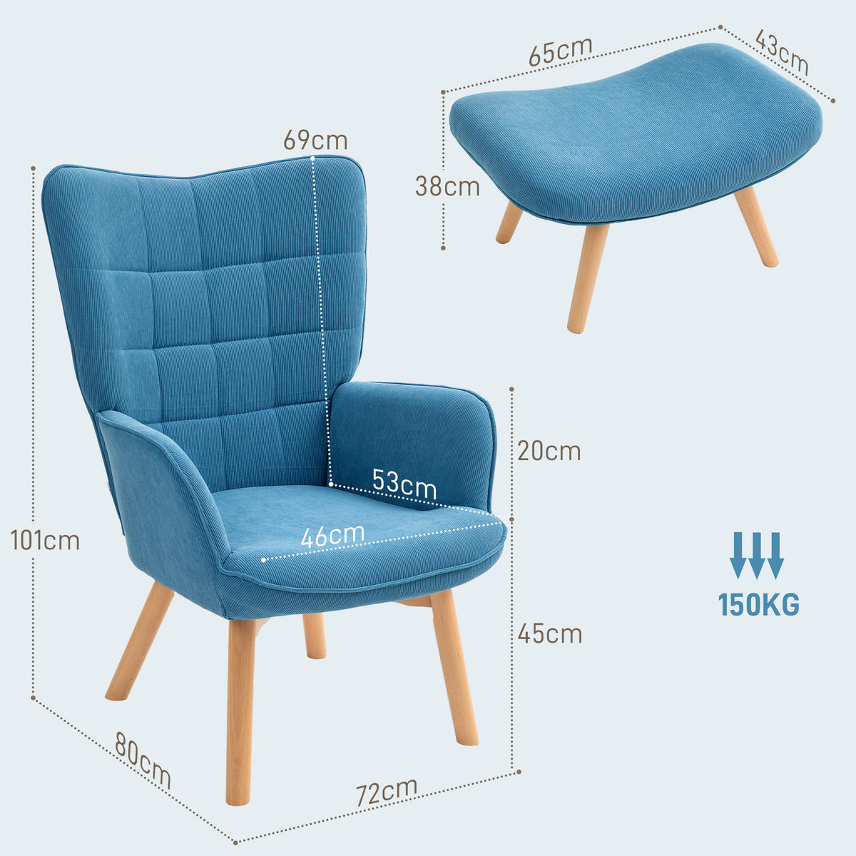 SESSEL mit Hocker, Blau - Blau, Textil (72/101/80cm) - HOMCOM