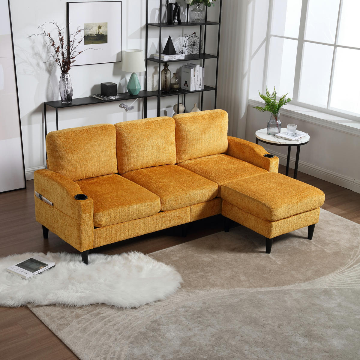 ECKSOFA mit Stauraumhocker, Getränkehaltern und Seitentaschen sowie flexibel kombinierbarer Gestaltung - Gelb, Textil (196.5/75cm) - EVRYAE