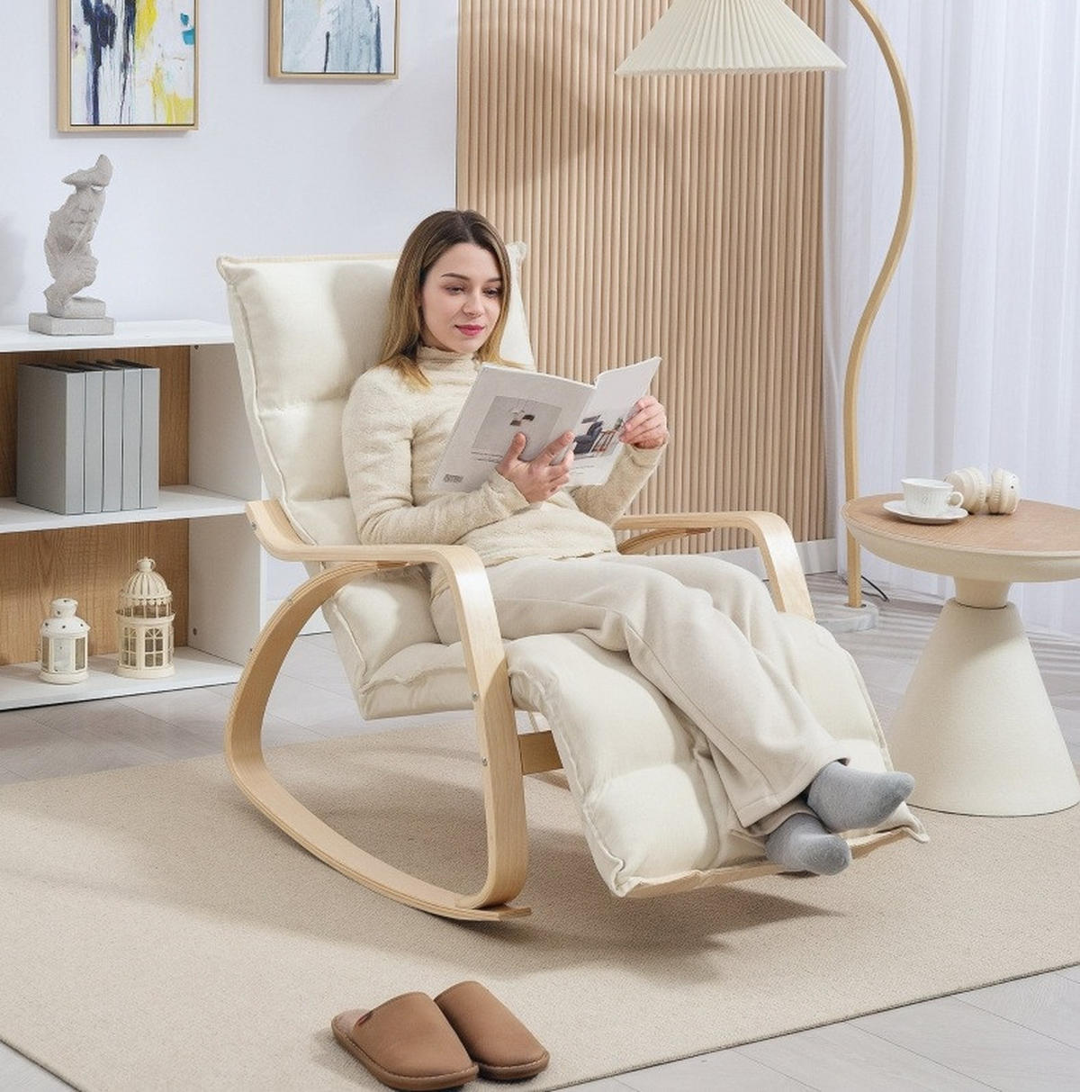 SCHAUKELSTUHL Polyesterbezug mit verstellbarer Fußstütze bis 90° 67/106-123/92 cm Creme - Creme, Textil (67/92/106cm) - Redom