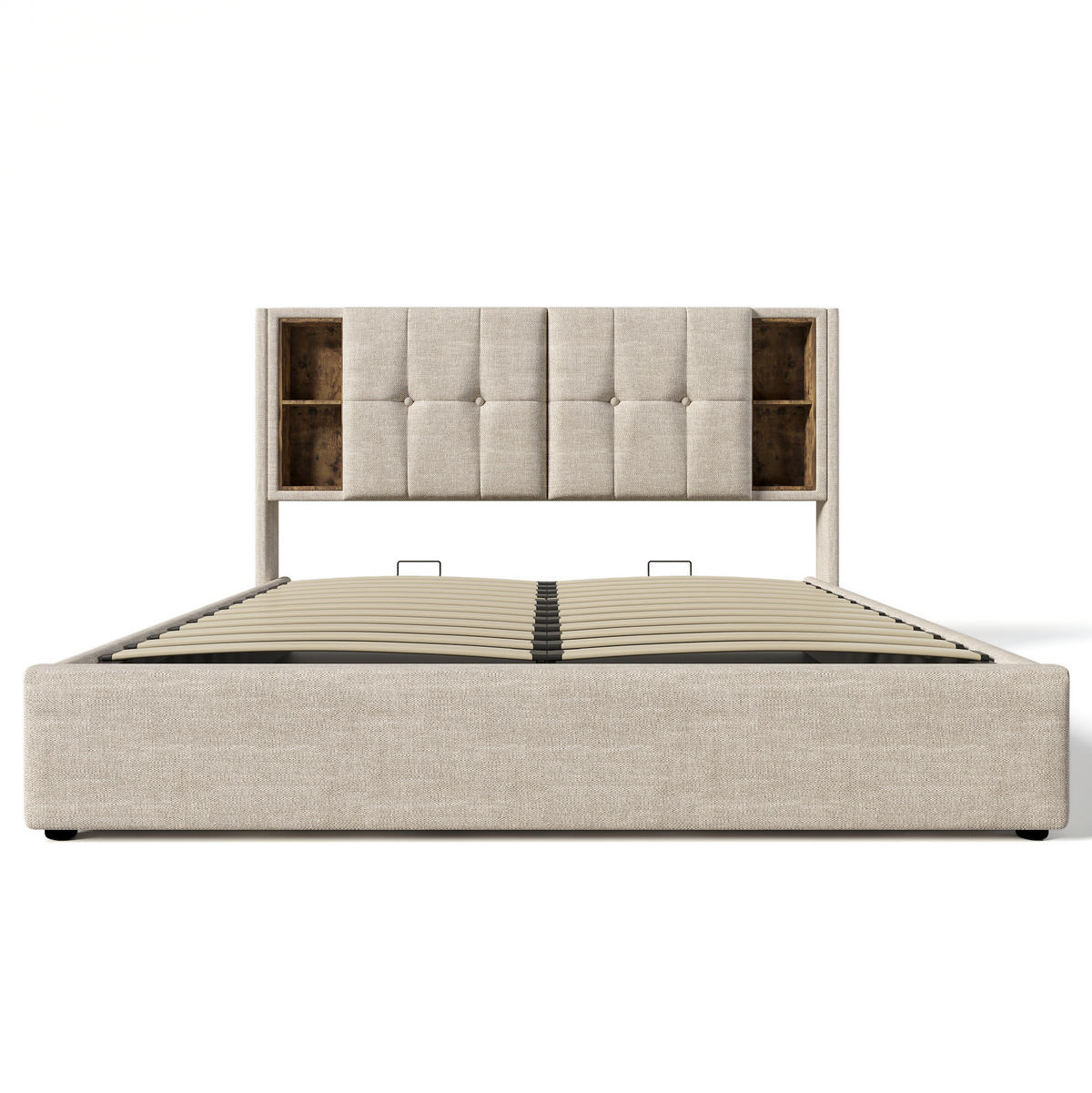 POLSTERBETT 160/200 cm mit kabellosem Laden, USB-C, Bettkasten und Matratze aus Leinen, Natur - Naturfarben, Textil (160/200cm) - Redom