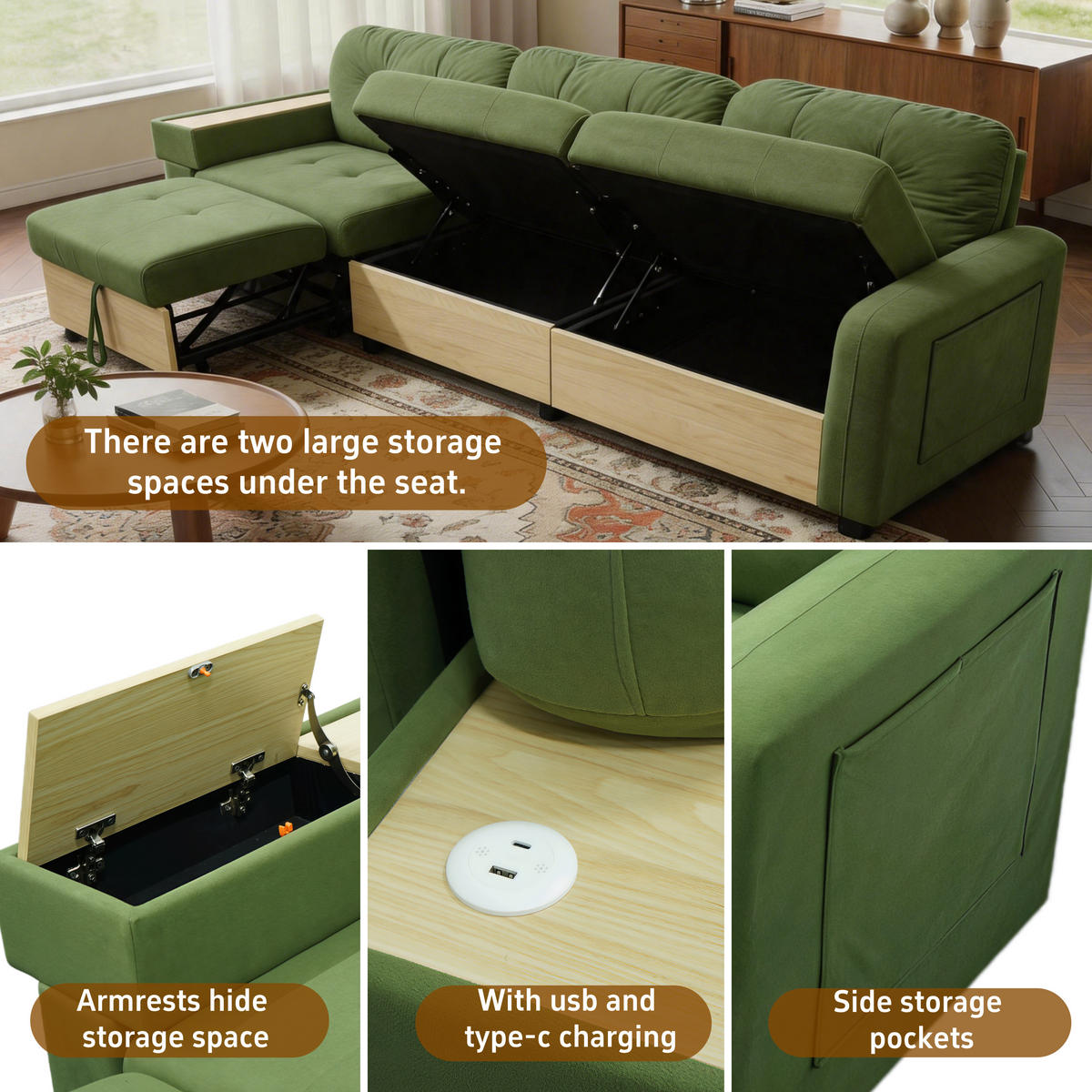 ECKSOFA DE-34637 mit ausziehbarer Chaiselongue links Grün - Grün, Metall (80/228cm) - ComfortXL