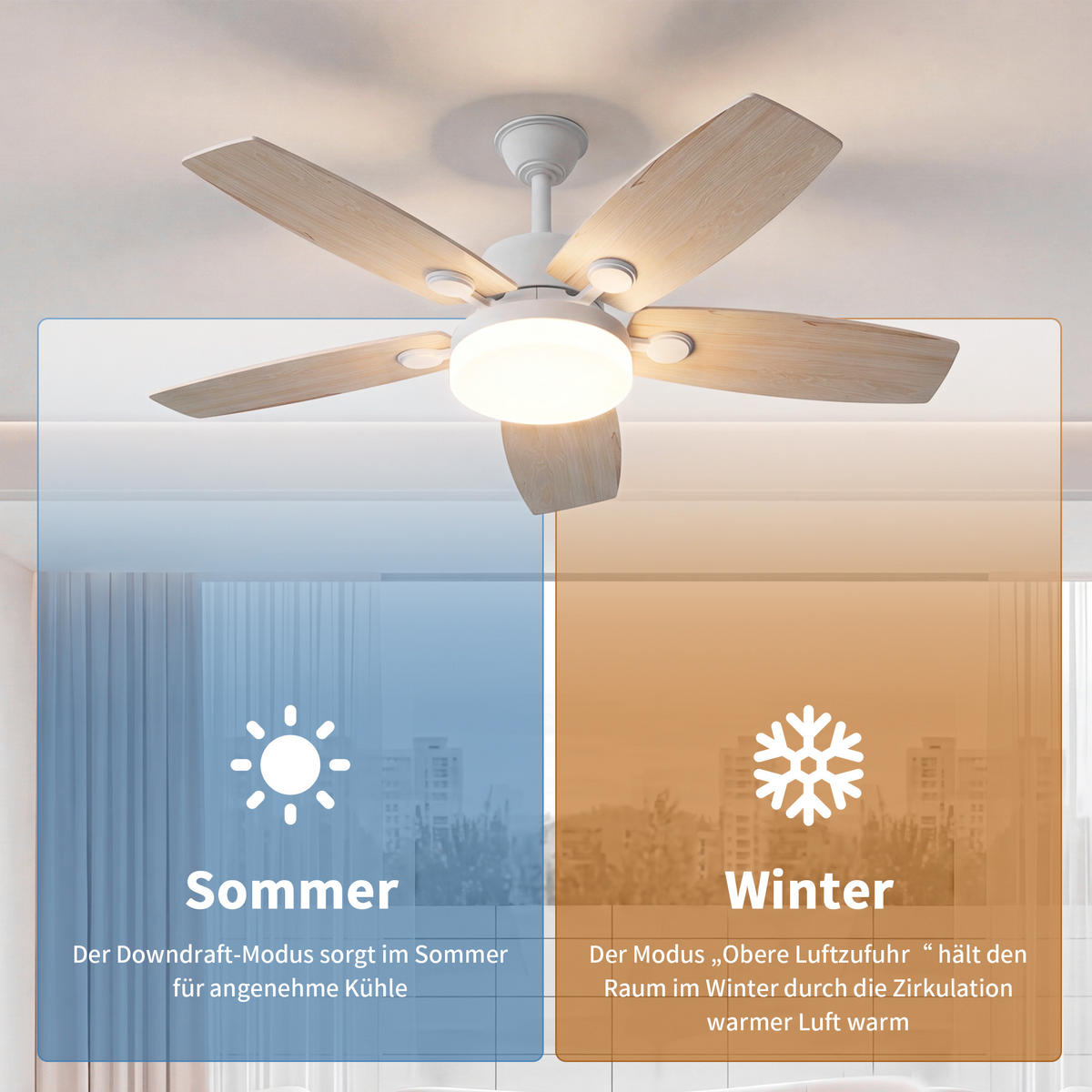 DECKENVENTILATOR mit LED-Licht, 106,6 cm, 5 Holzflügel, 6 Stufen & Timer - Naturfarben, Metall (106.6/106.6/39cm) - EuroLiving