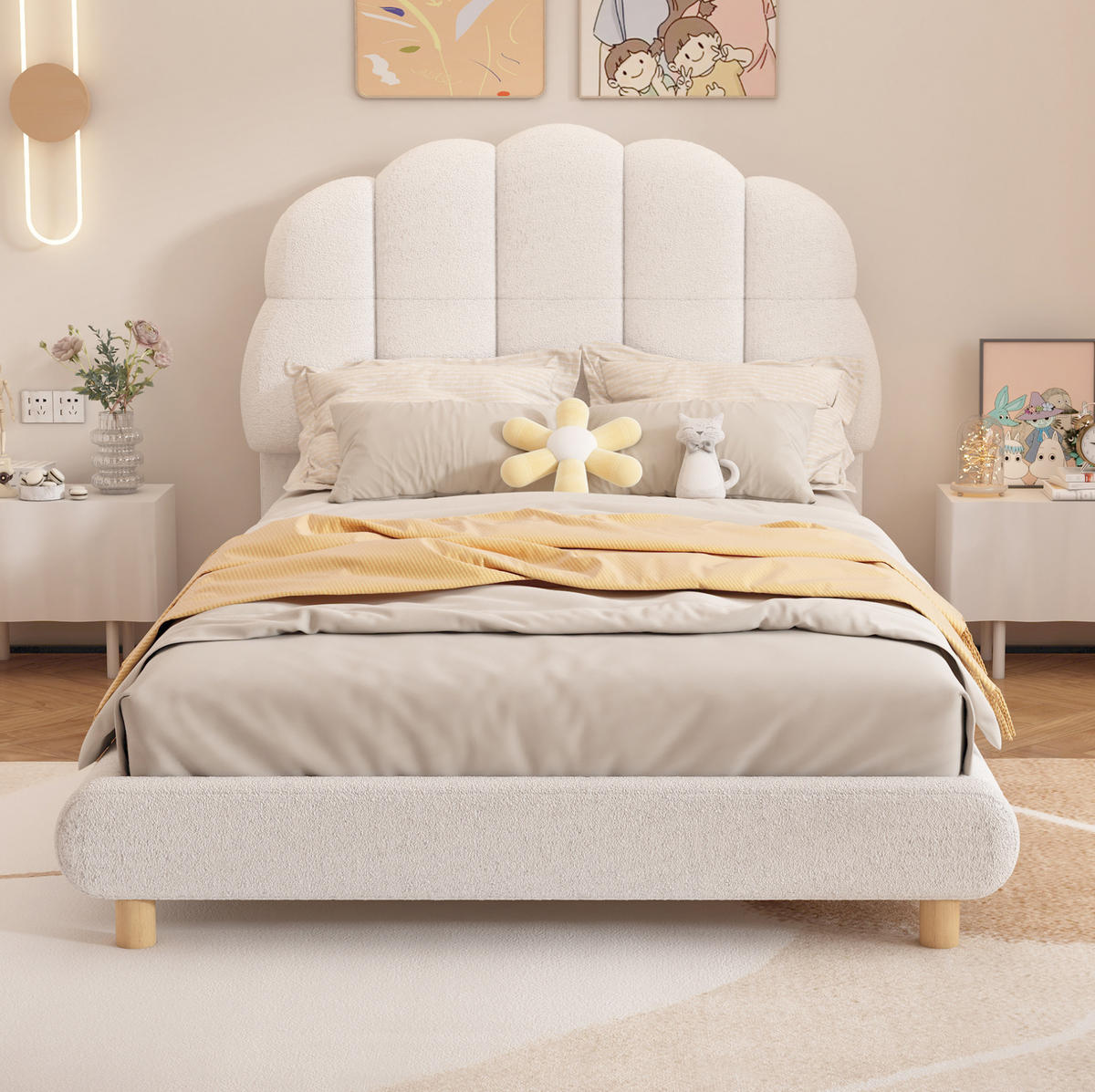 KINDERBETT 90/200 cm mit gepolstertem Blüten-Kopfteil aus Plüsch, Weiß - Weiß, Textil (90/200cm) - Redom