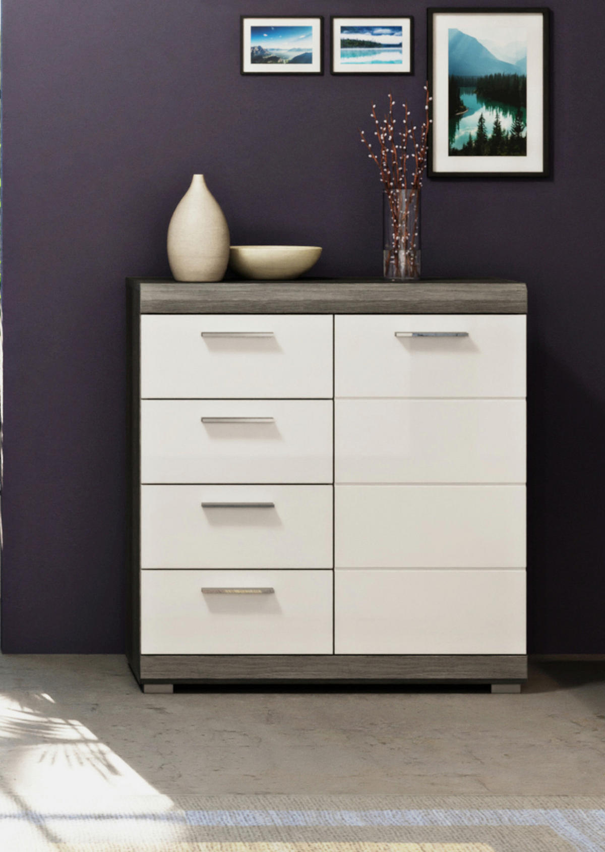 KOMMODE weiß Hochglanz, Rauchsilber grau 80 x 85 cm, 4 Schubladen - Weiß Hochglanz/Silberfarben, Holzwerkstoff/Kunststoff (80/85/37cm) - Inn.Furn