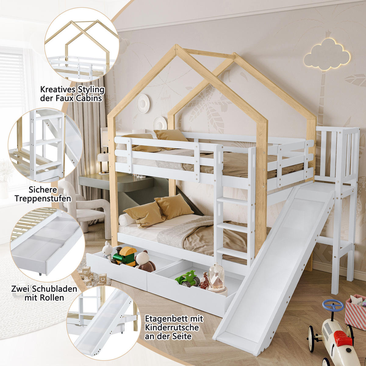ETAGENBETT 90x200 cm Rutsche Schubladen - Weiß, Holz (90/200cm) - LEBENLANG