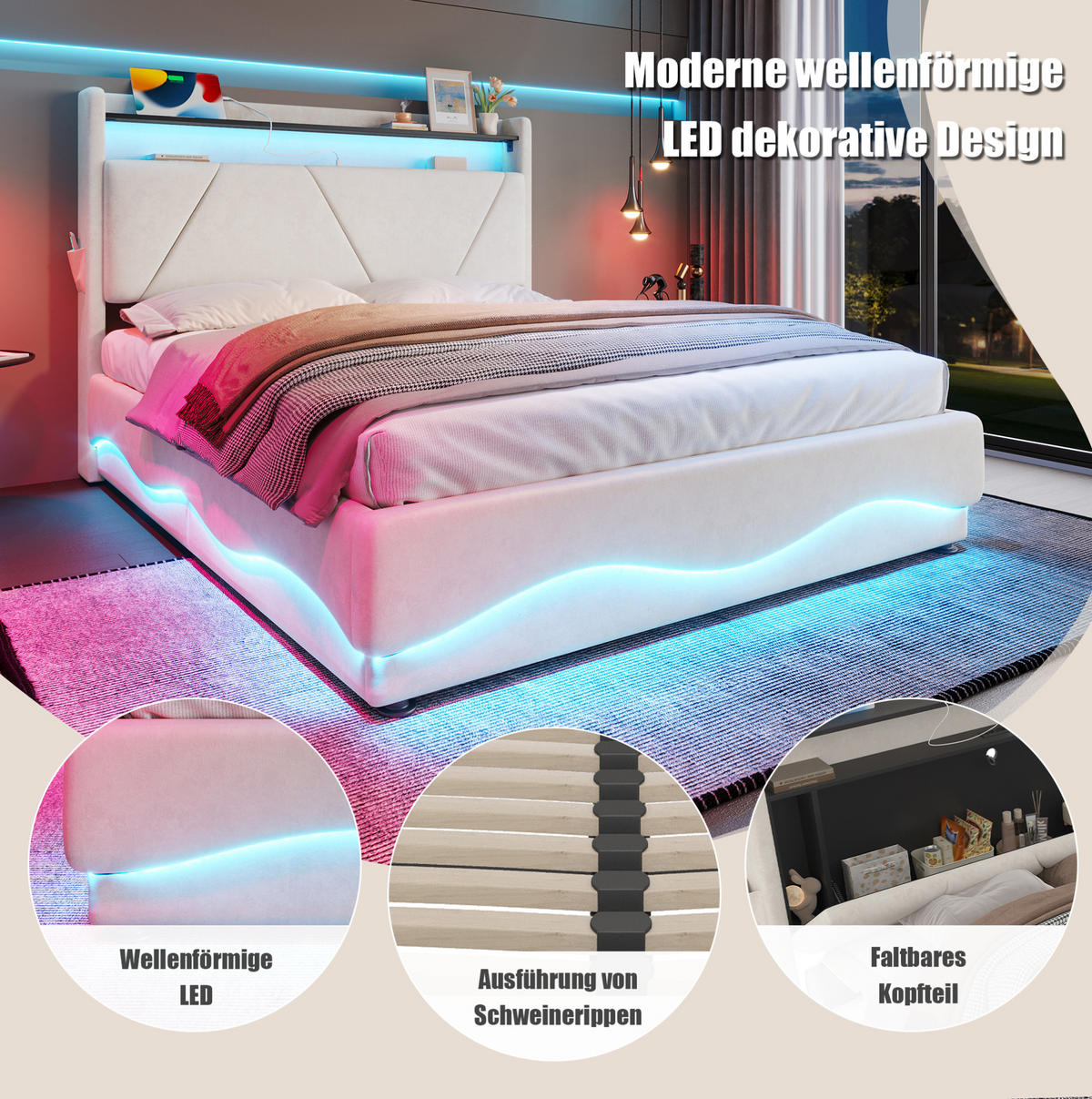 BETT mit Stauraum und LED 160x200 cm Samt Beige - Beige, Metall (160/200cm) - Meubliv