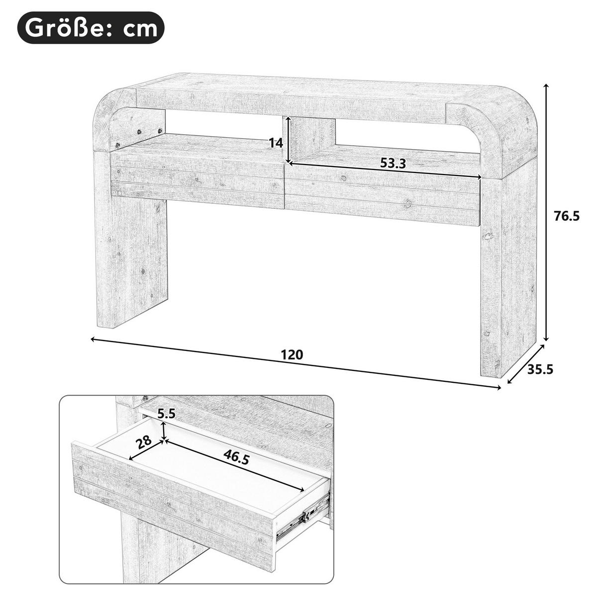 KONSOLENTISCH aus MDF 120x35,5x76,5 cm Weiß mit 2 Schubladen, offenen Fächern und verstellbaren Füßen - Weiß, Holzwerkstoff (35.5/120/76.5cm) - Modfu