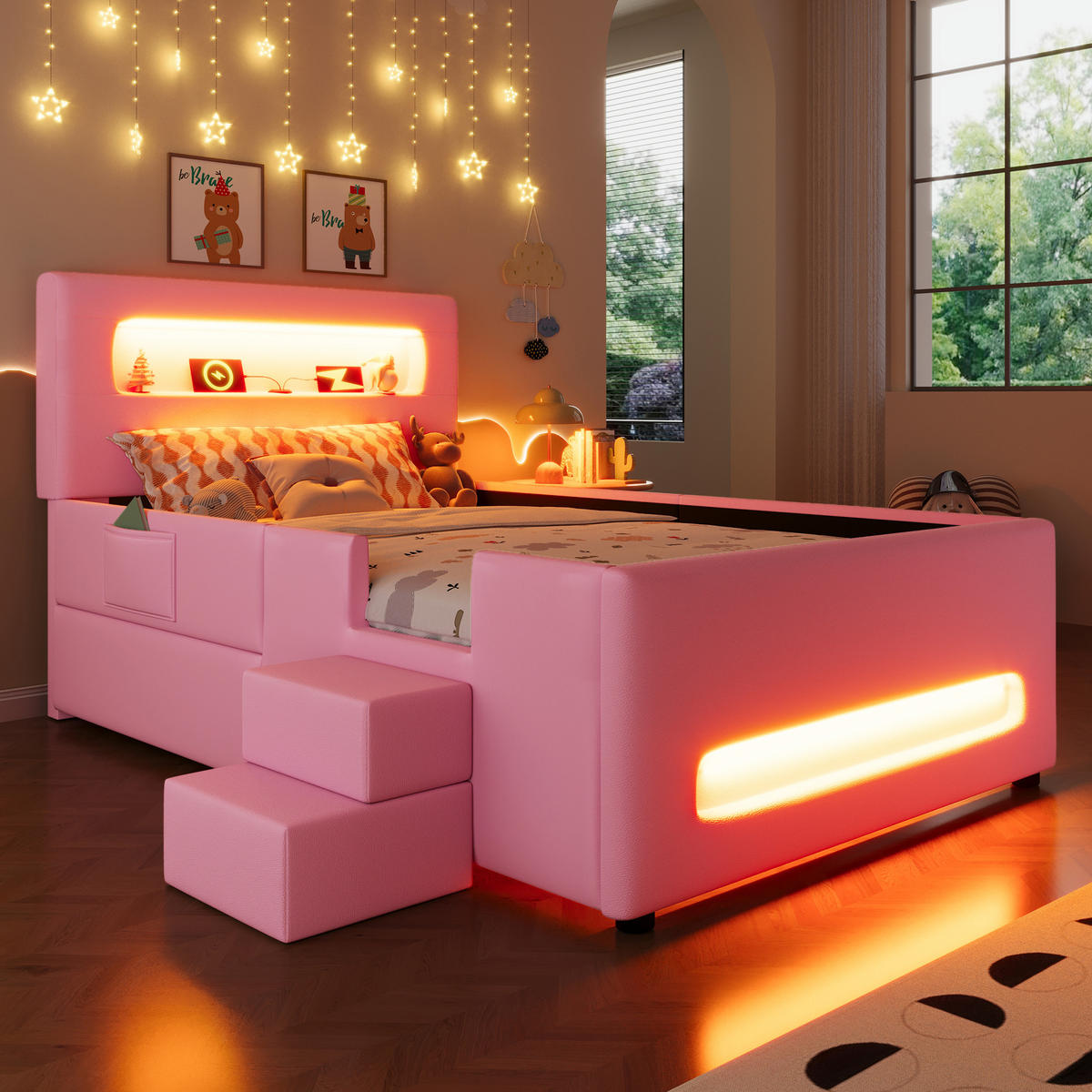 POLSTERBETT 90/200 cm in Rosa mit Schublade, LED und Treppe - Rosa, Holzwerkstoff/Textil (90/200cm) - WISHDOR