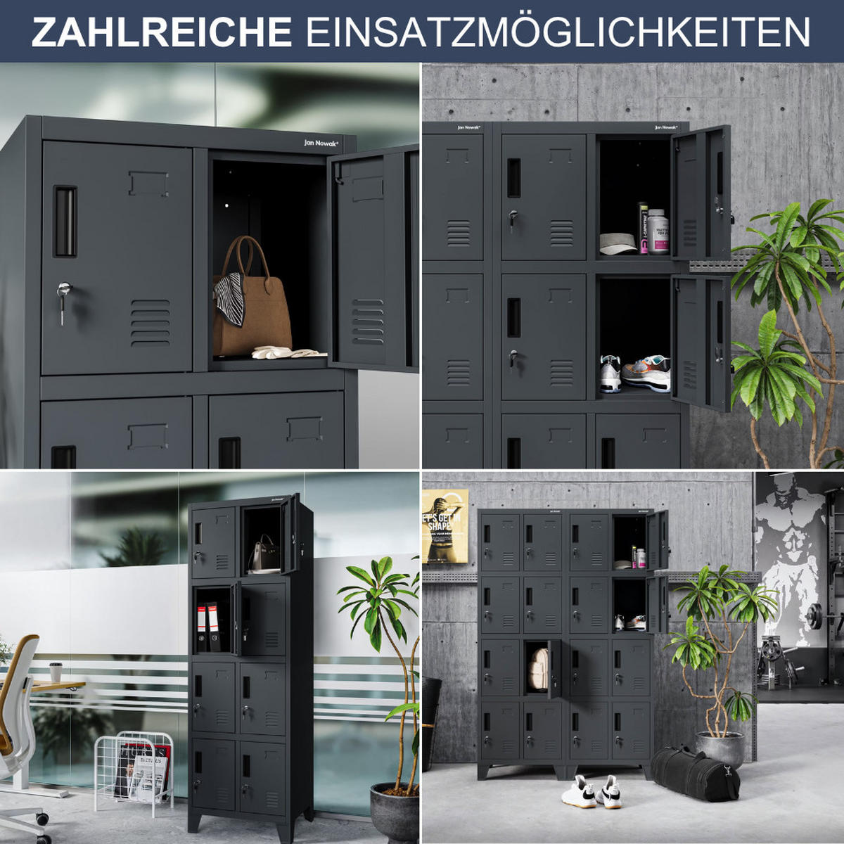 SCHLIESSFACHSCHRANK Spind ROBERT 8 Fächer 172x55,9x45cm Anthrazit - Anthrazit, Metall (55.9/172/45cm) - Jan Nowak