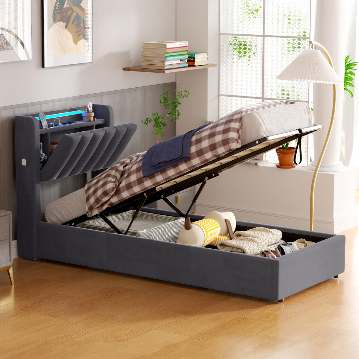 POLSTERBETT 140/200 cm Grau mit LED-Lichtleiste und USB-Anschlüssen - Grau, Holzwerkstoff (140/200cm) - OKWISH