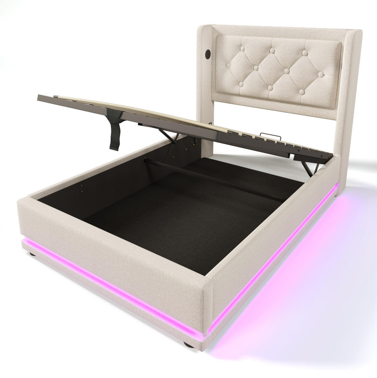 POLSTERBETT 90/200 cm mit Bettkasten, LED und USB-C in Beige - Beige, Textil (90/200cm) - BEAOK