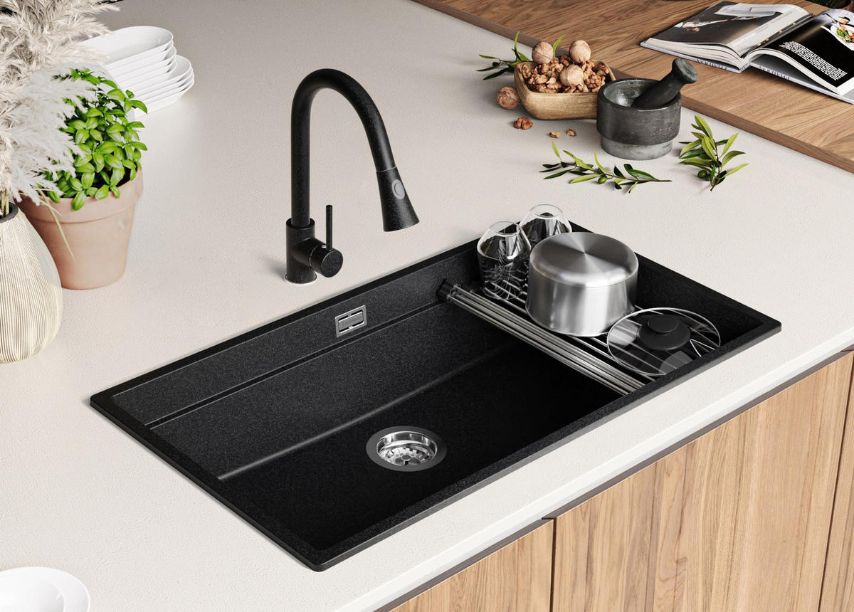 SPÜLBECKEN Praga Slim, 2-er set Anthrazit 86/47 cm 1 Becken + Ablauf-Set + Aufrollbare Abtropffläche ab 90er Unterschrank - Chromfarben/Anthrazit, Kunststoff (86/20/47cm) - Primagran