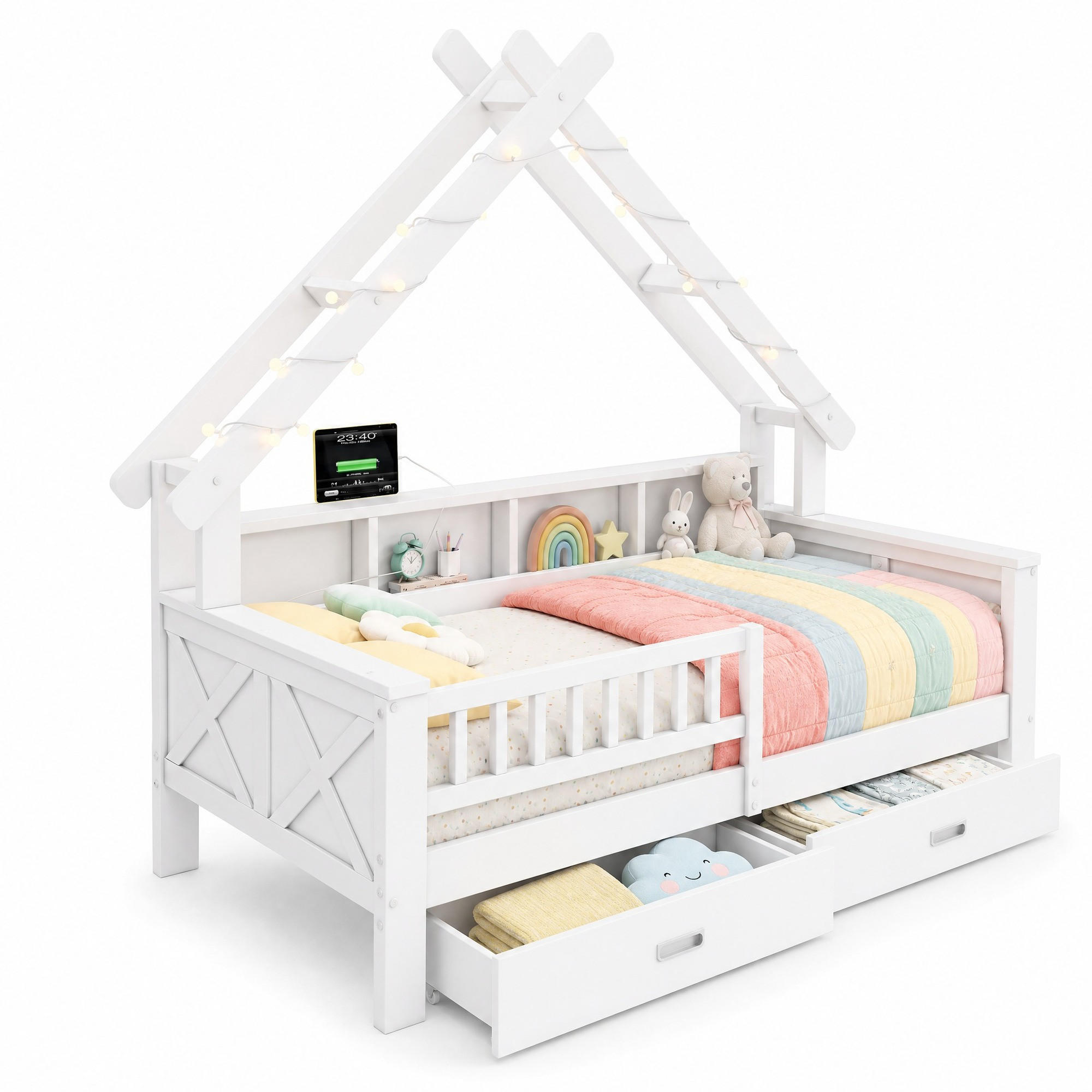 HAUSBETT 90/200 cm in Weiß mit LED, 2 Schubladen und Ablagefächern aus MDF/Kiefer - Weiß, Holz/Holzwerkstoff (90/200cm) - CHICFURN