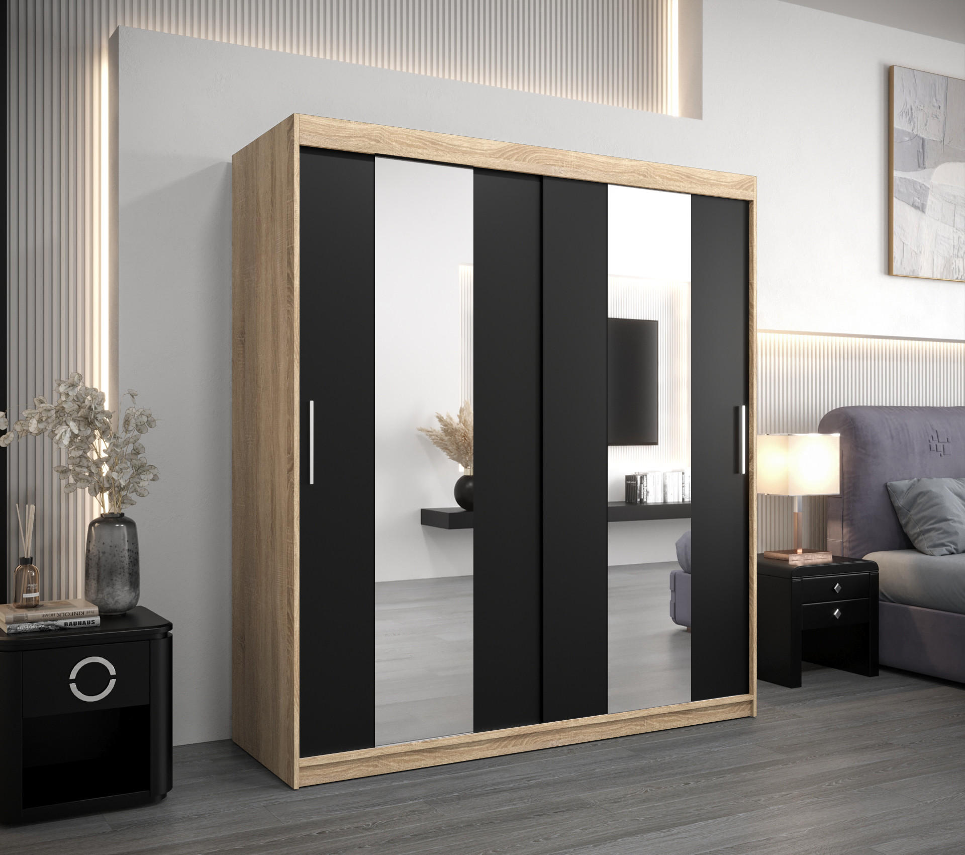 SCHWEBETÜRENSCHRANK 200/180/62 2-türig - Silberfarben/Schwarz, Holz/Kunststoff (180/200/62cm) - Abiks Möbel