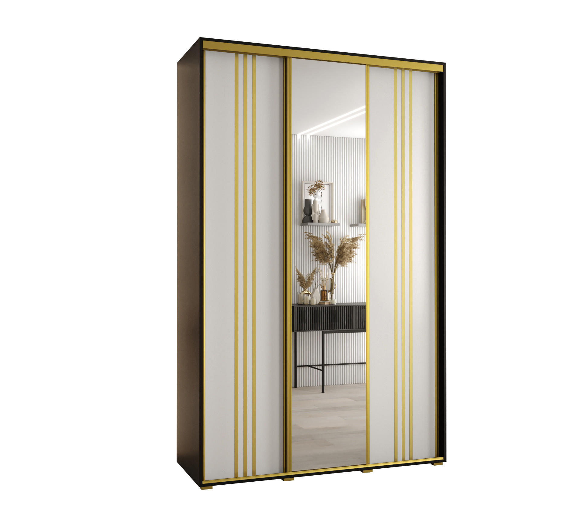 Abiks Möbel Schwebetürenschrank Schwarz, Weiß, Gold 150x235x45 cm