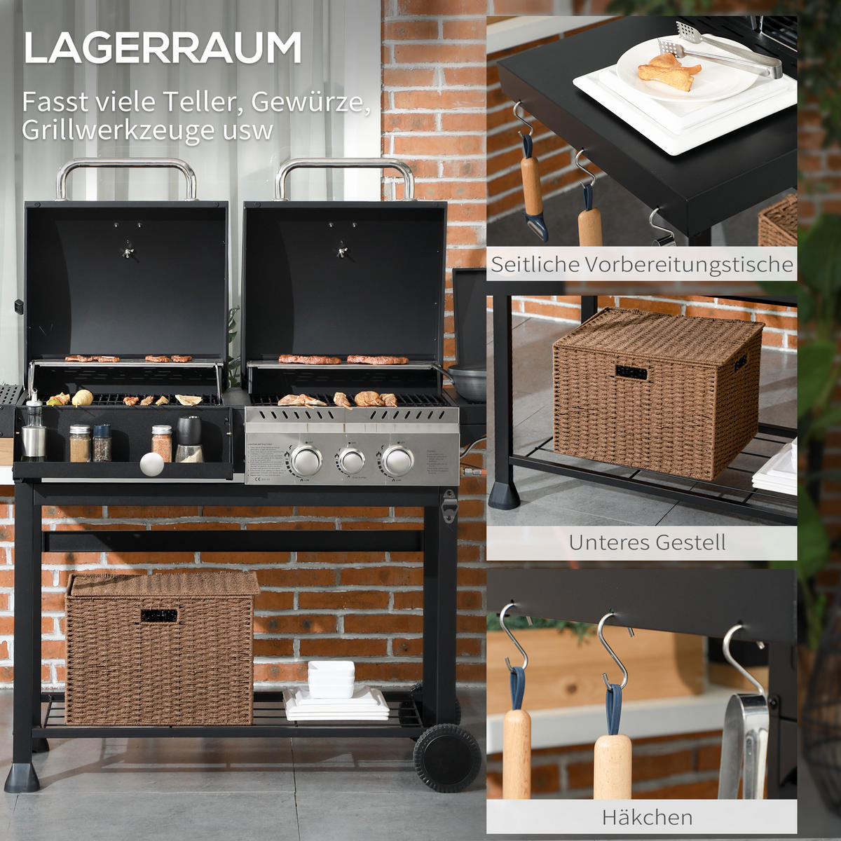 GASGRILL mit 2+1 Brenner, Thermometer, 3kW BBQ Holzkohlgrill mit Regal - Schwarz, Metall (53/101/161cm) - Outsunny
