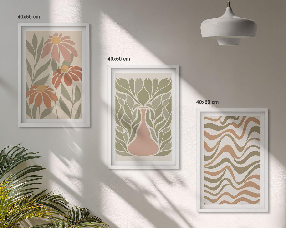 BILDER SET 3er Set - 40x60 cm Weißer Rahmen - Abstrakte Pastellblumen - Weiß, Kunststoff (40/60cm) - TULUP