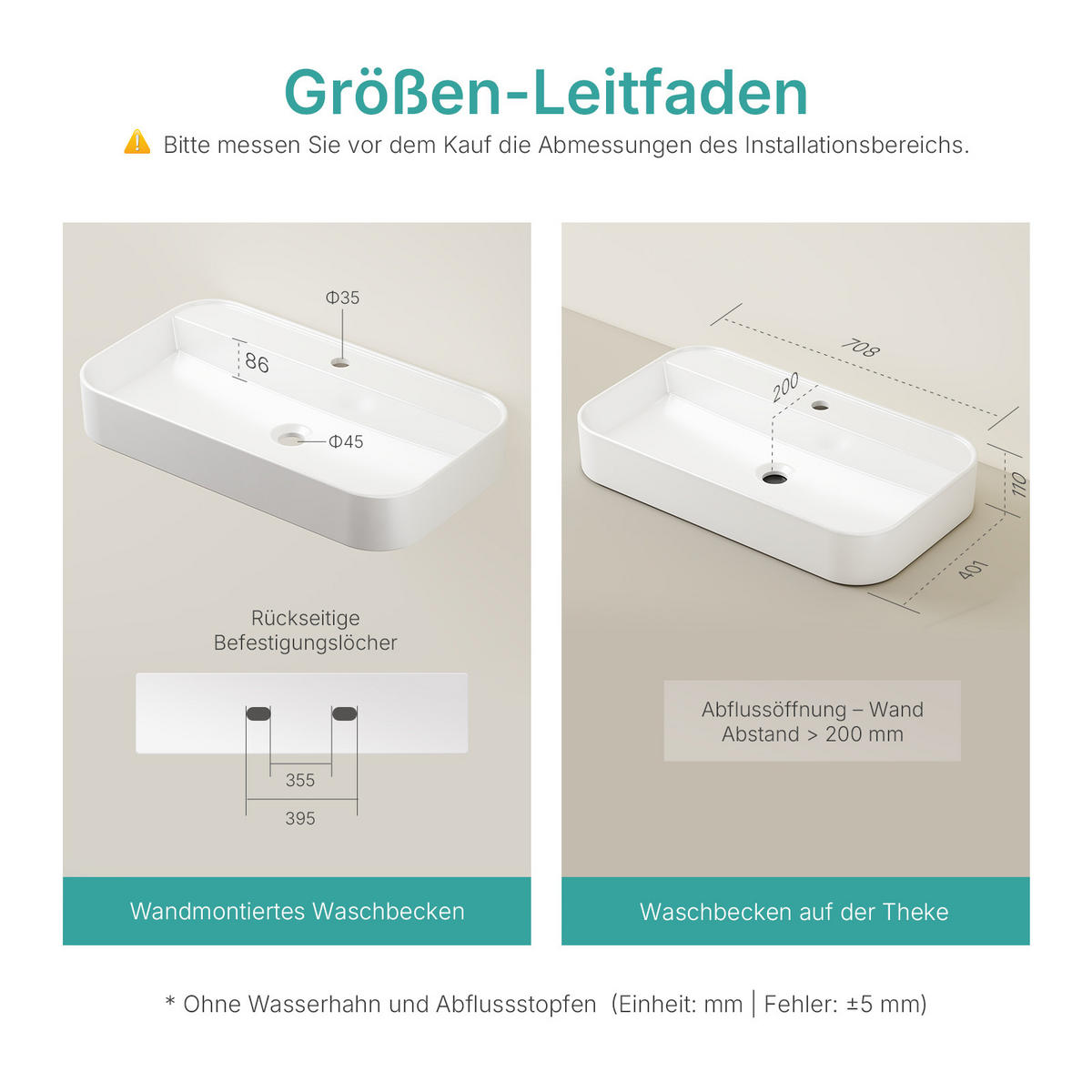 WASCHBECKEN Keramik Weiß 70 / 40 / 11 cm - Weiß Hochglanz, Keramik (40/11/70cm) - EMKE