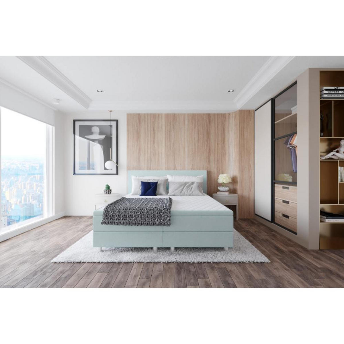 BOXBETT, Polsterbett Sawana mit Bonellfederkern-Matratze und Topper Schlafzimmer - Blaugrau, Holz/Holzwerkstoff (160/200cm) - Best For Home