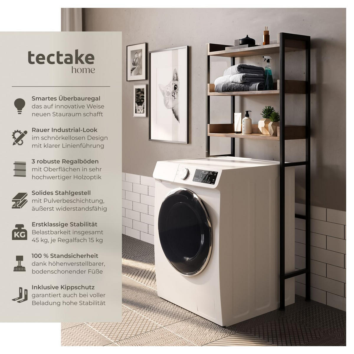 BADEZIMMERREGAL Seattle,inklusive Kippschutz,Industrial Holz dunkel, rustikal - Rostfarben, Holz (63/165/25cm) - tectake