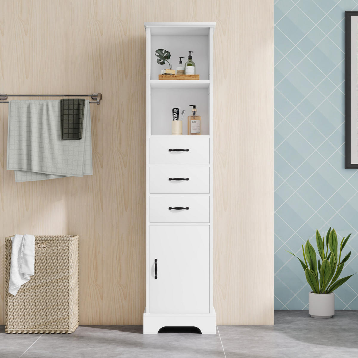 BADEZIMMERSCHRANK mit 3 Schubladen 38 x 26 x 172,5 cm Weiß - Weiß, Holzwerkstoff (26/172.5/38cm) - Beauniv