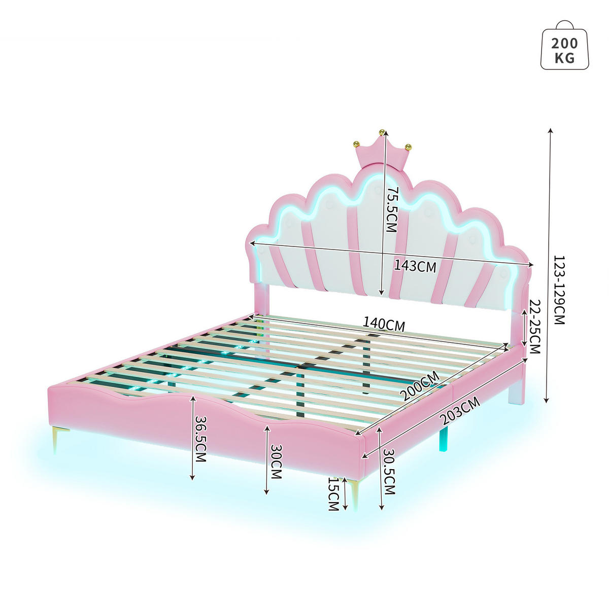KINDERBETT 140/200 cm aus PU-Kunstleder mit LED-Beleuchtung in Rosa - Rosa, Kunststoff (140/200cm) - Flora Grace