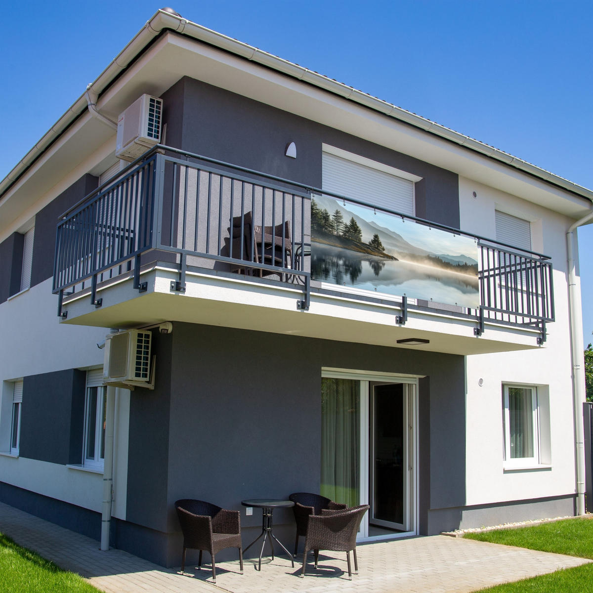 BALKON-SICHTSCHUTZ See - Nebel - Berge - Landschaft - Hellblau, Kunststoff (200/90cm) - MuchoWow