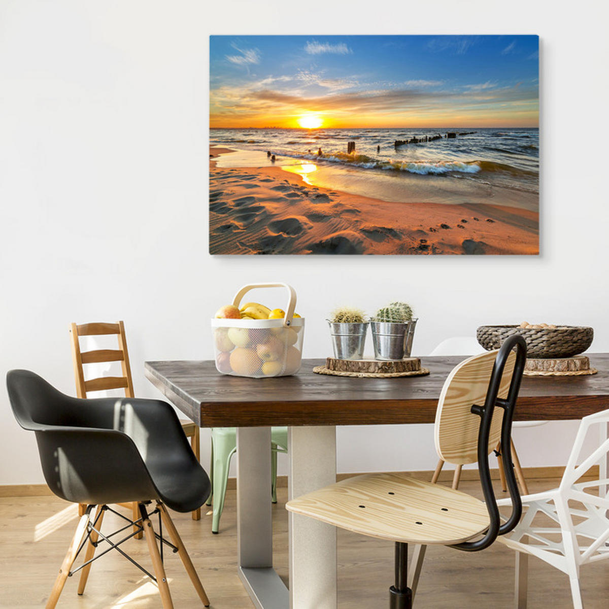 LEINWANDBILD Sonnenuntergang Strand Meer Landschaft 3D 120/80 cm - Blau/Beige, Textil (120/80cm) - Muralo