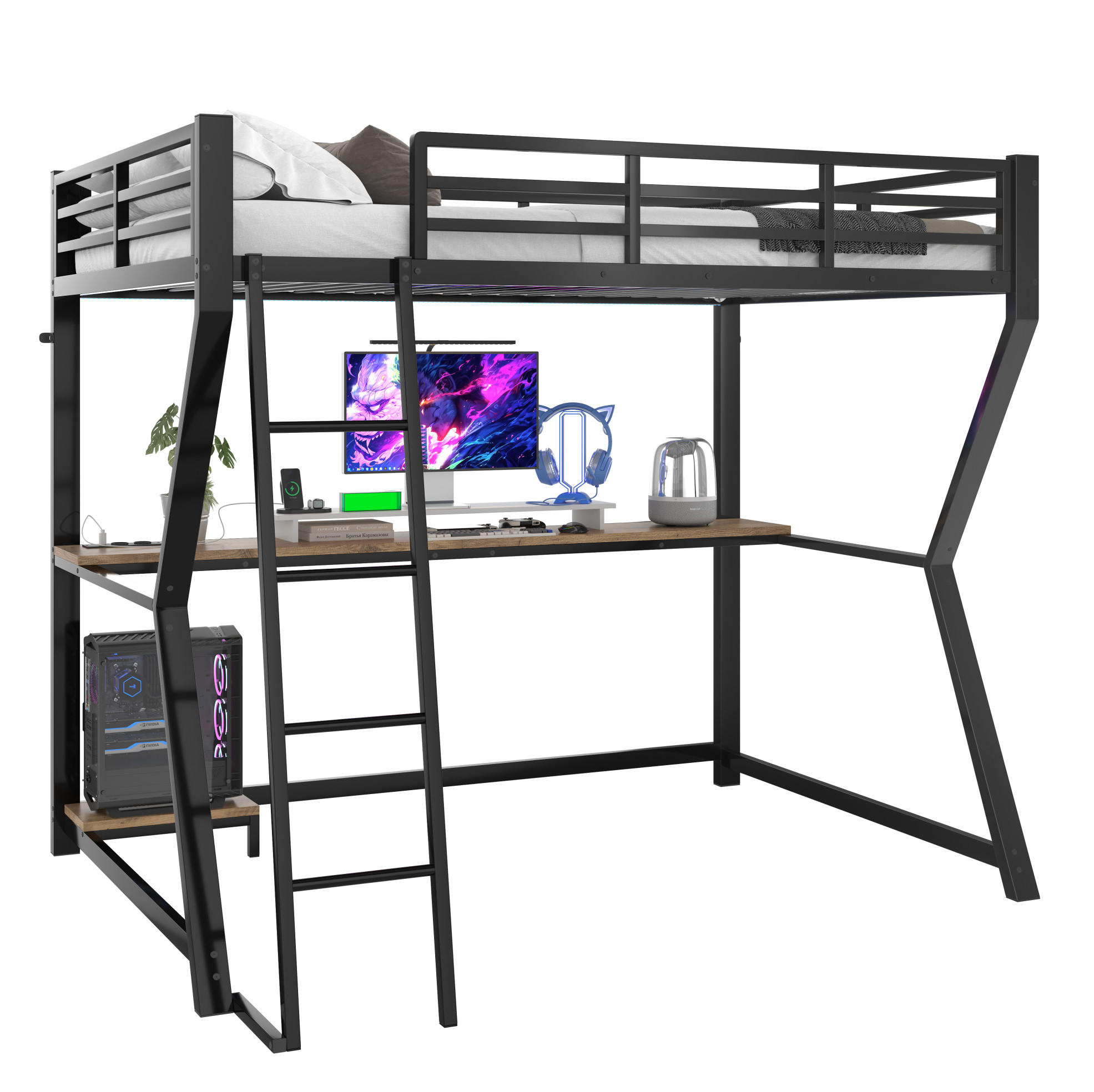 HOCHBETT 90/200 cm mit LED-Beleuchtung, Schreibtisch und USB-Anschluss - Schwarz, Metall (90/200cm) - Flora Grace