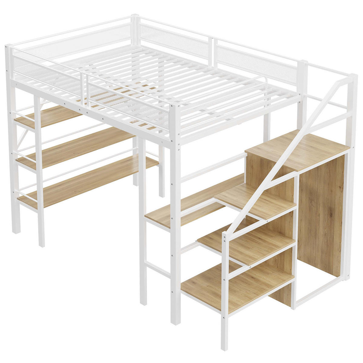 HOCHBETT aus Metall 140x200 cm Weiß mit Schreibtisch, Kleiderschrank und Stauraumtreppe - Weiß, Metall (140/200cm) - IVMEU