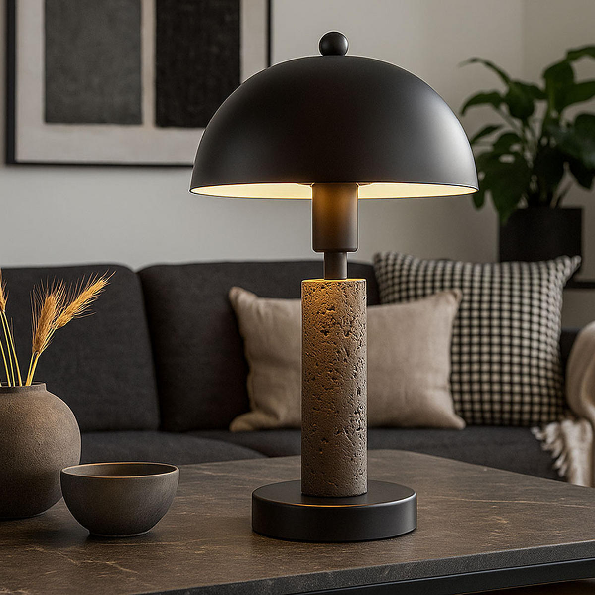 TISCHLEUCHTE Janie Schwarz Travertin Stein - Schwarz, Metall (20/20/34cm) - Globo Lighting