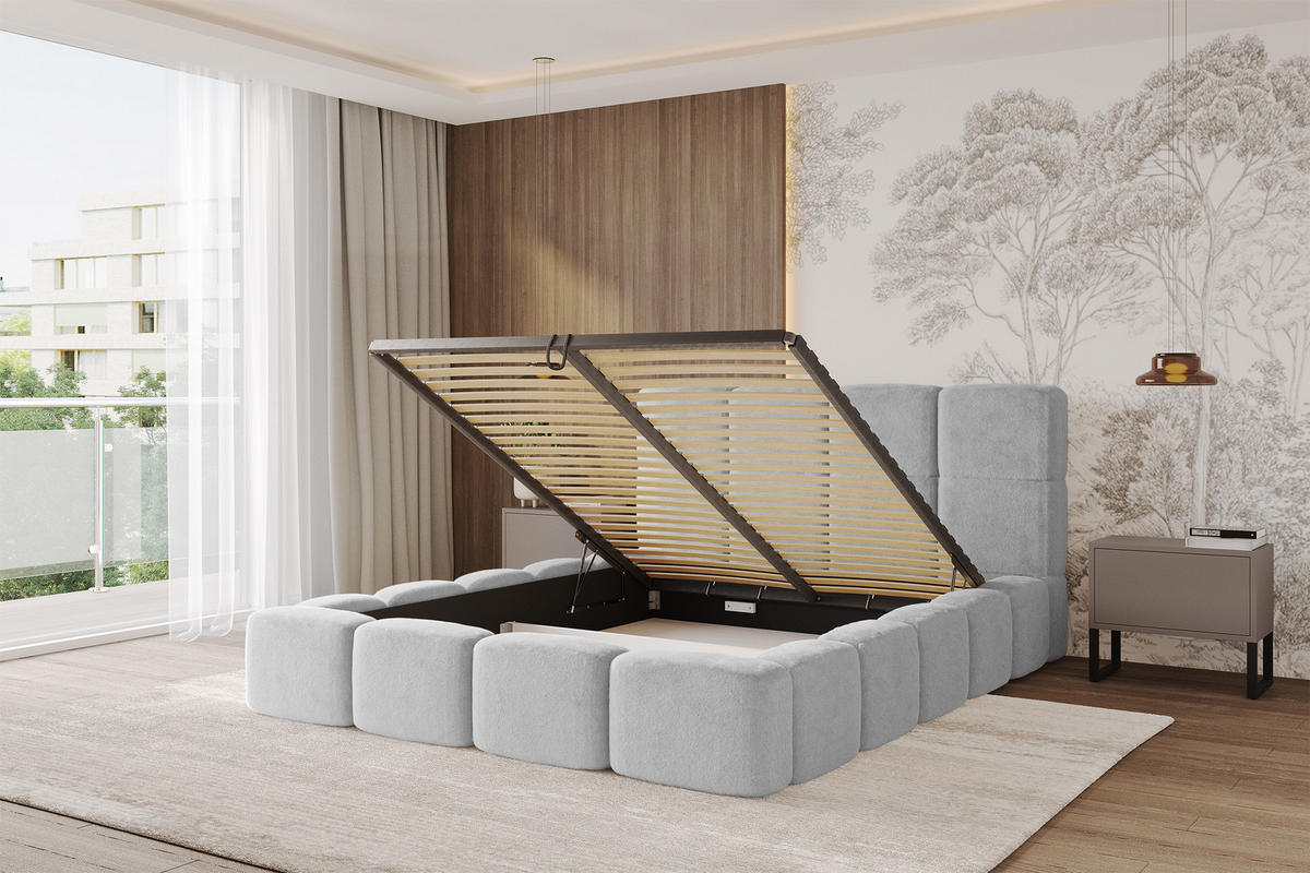 POLSTERBETT mit Bettkasten und Lattenrost mit Kopfteil, Boxbett ohne Matratze, mit Stauraum - NATA 160x200 Hellgrau - Hellgrau, Holzwerkstoff/Textil (160/200cm) - ALTDECOR