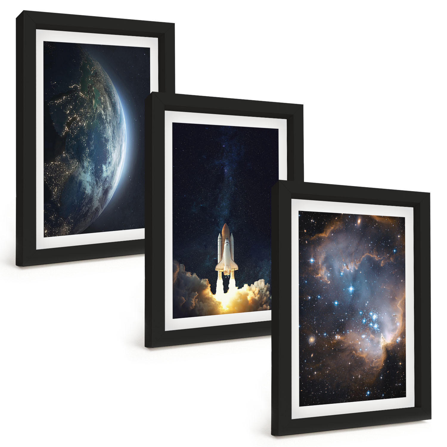 BILDER SET 3er Set - 20x30 cm Schwarzer Rahmen - Weltraum Erde Rakete Galaxie - Schwarz, Kunststoff (20/30cm) - TULUP
