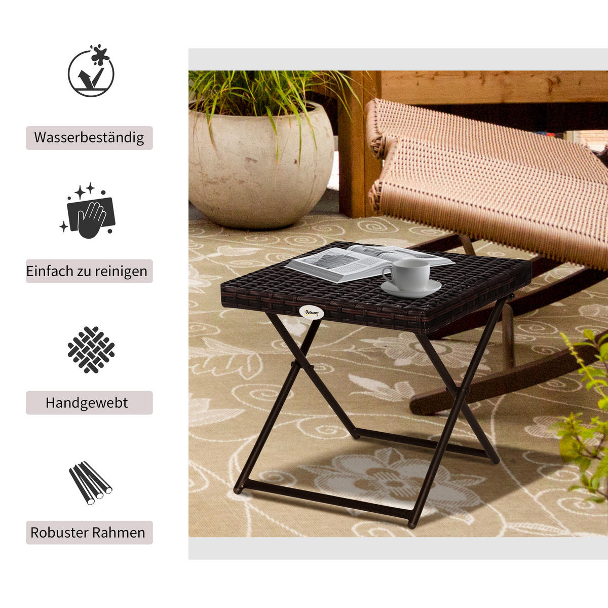 GARTENKLAPPTISCH, Braun, Stahl, PE-Rattan - Braun, Kunststoff (40/40/40cm) - Outsunny