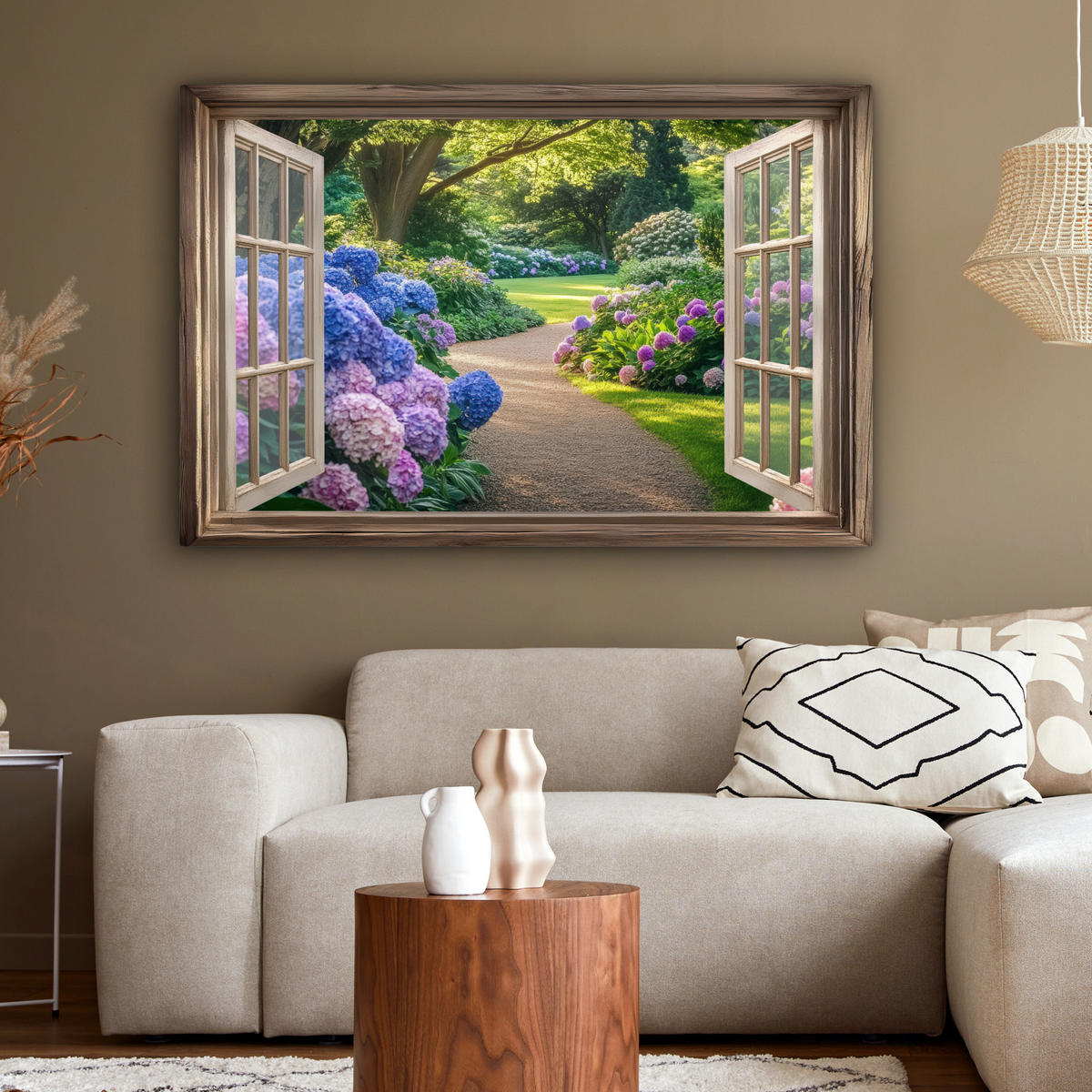 LEINWANDBILD Aussicht - Garten - Fenster - Hortensie - Blumen Wohnzimmer 120x80 cm - Pastellblau, Textil (120/80cm) - MuchoWow