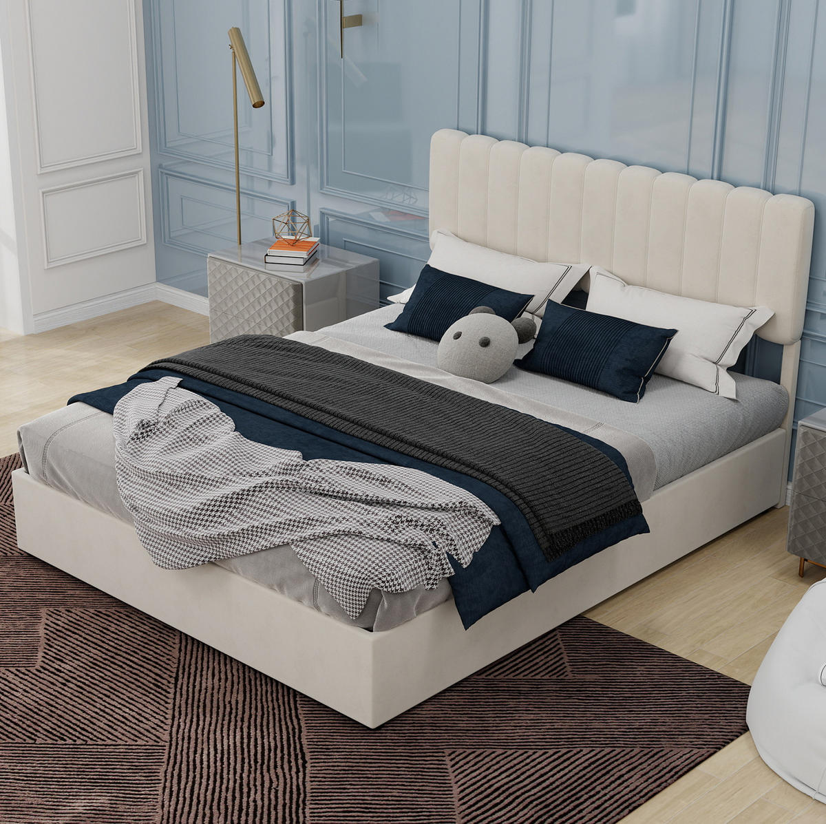 ČALOUNĚNÁ postel 160/200 cm béžová z látky a kovu s úložným prostorem a lamelovým rámem - béžová, textil (160/200cm) - OKWISH