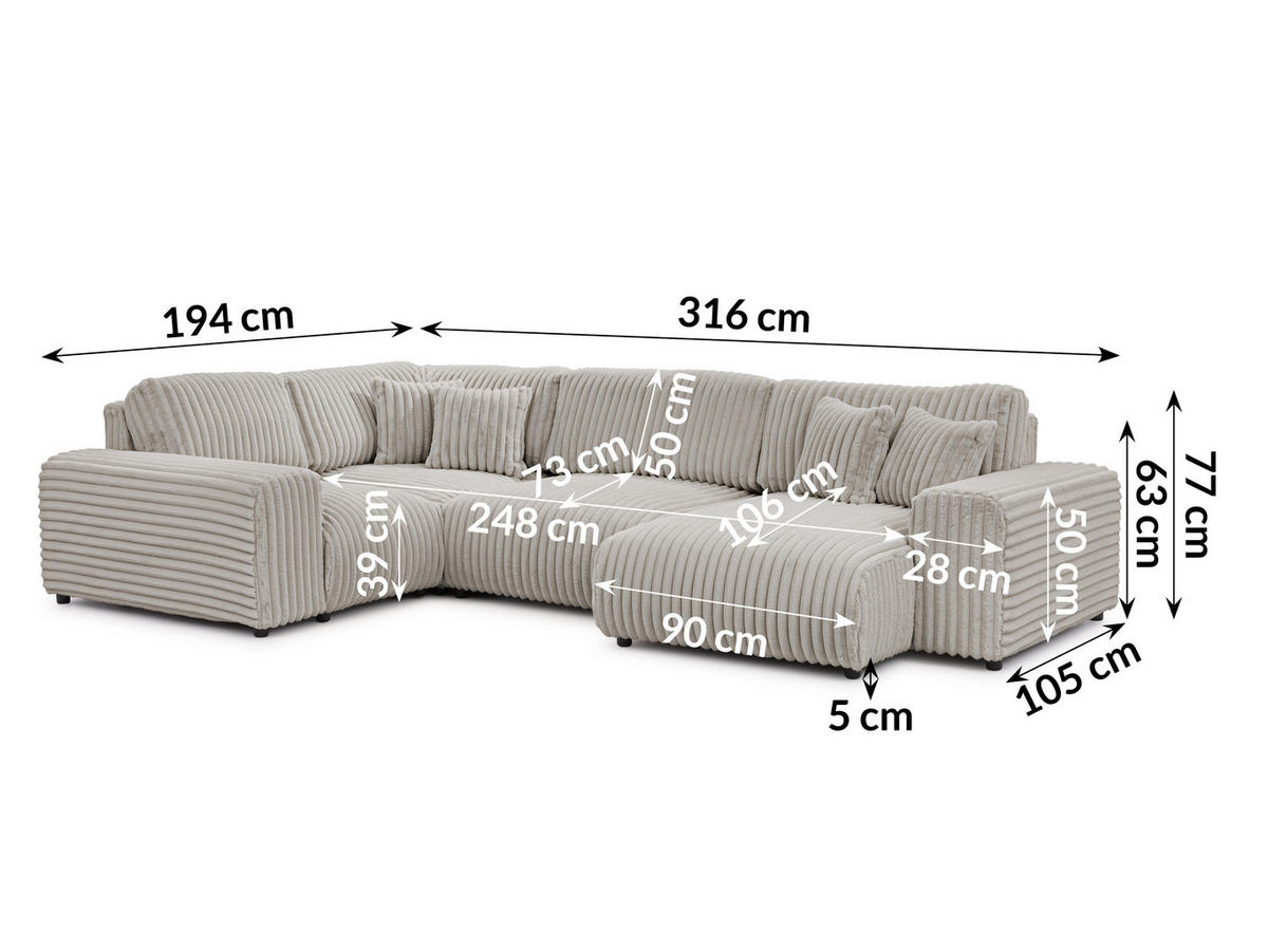 WOHNLANDSCHAFT Mollis Hellgrau Plüschcord im XXL-Format - Ottomane Rechts - Hellgrau/Schwarz, Holz/Kunststoff (316/77/194cm) - S-Style Möbel