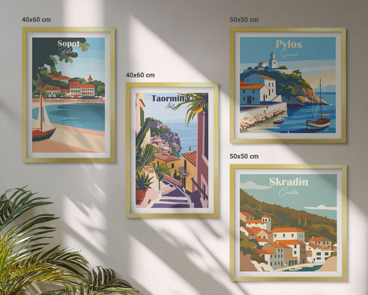 WANDBILDER 4er Set - 50x50 cm & 40x60 cm Goldrahmen - Illustrationen von Küstenstädten - Goldfarben, Kunststoff (50/50cm) - ArtPrintCave